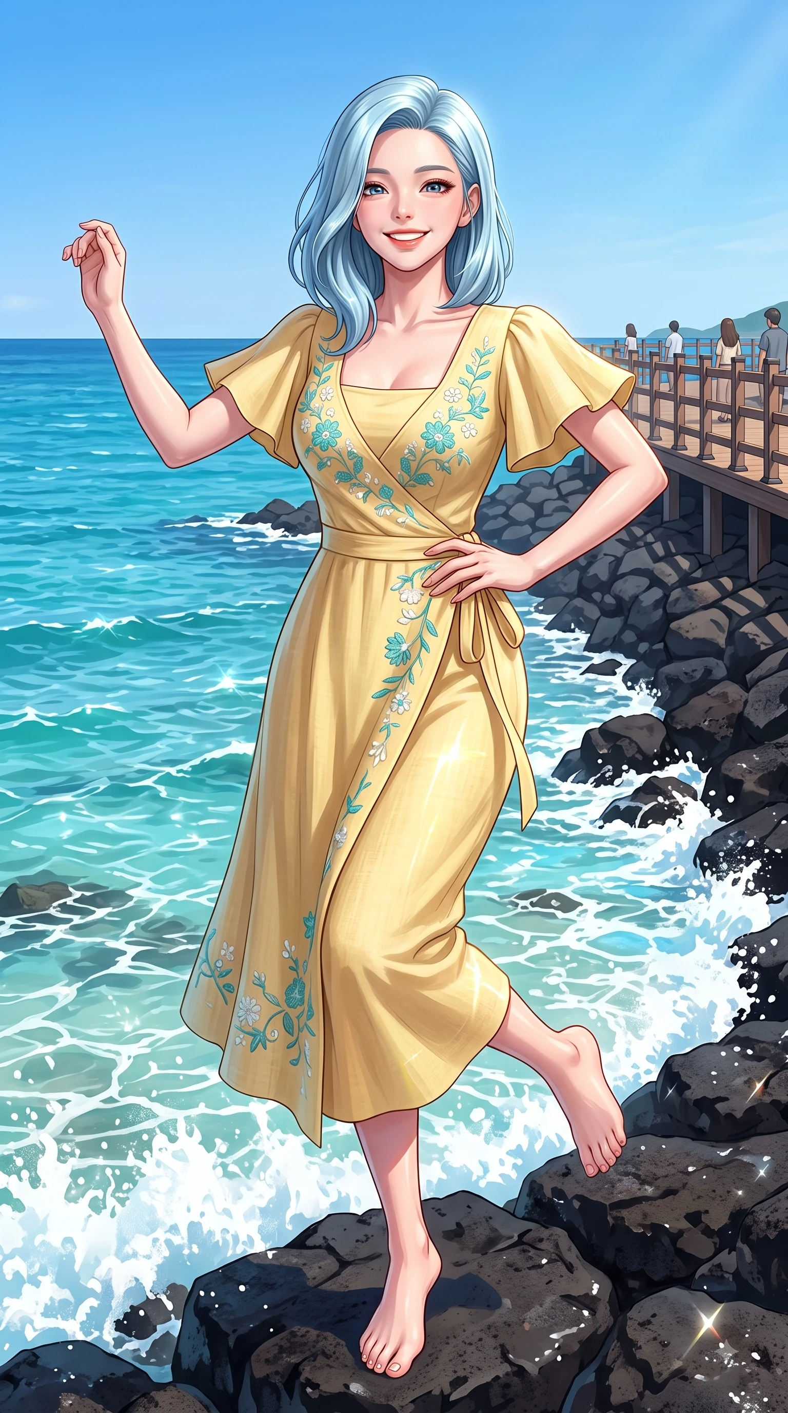 score_9, masterpiece, best quality, ultra-detailed, high-budget anime keyframe, editorial fashion photography, tasteful artistic composition, Korean woman. close-up cowboy shot from the waist and thighs up, the character dominates the composition, filling the frame with her large presence. Tilting her chin up with a sweet beaming smile of pure delight while balancing dynamically amidst the scene while pivoting dynamically on dark volcanic basalt rocks as clear turquoise ocean waves lap near the shoreline. The surrounding environment is rendered in vivid detail and crisp panoramic clarity. vibrant sea foam crests, coastal boardwalk wooden planks, and crisp blue skies in panoramic clarity. She has an exceptionally elegant, slender, and willowy female figure with an ultra-slim waist, a gracefully sculpted slender torso, and a refined silhouette. sharp v-shaped jawline, high-bridge nose, intricate jewel-like eyes with depth, thick eyelashes, glossy lips with a natural sheen, flawlessly proportioned anatomical accuracy, natural body alignment, perfectly sculpted elegant limbs, clean dynamic posture without body distortion. wearing an elegant butter-yellow wrap midi dress with subtle floral embroidery and flutter sleeves in ocean turquoise and sea-salt white, crafted from soft breathable linen, featuring elegant flutter sleeves and a graceful square neckline, the tailored casual silhouette highlighting her fresh and youthful presence. bathed in brilliant tropical sunshine and glittering ocean water refractions. highly saturated vibrant anime colors, detailed shading with soft gradients, rich glossy textures, high-contrast stereoscopic depth, volumetric dynamic lighting, master piece, 9:16 ratio