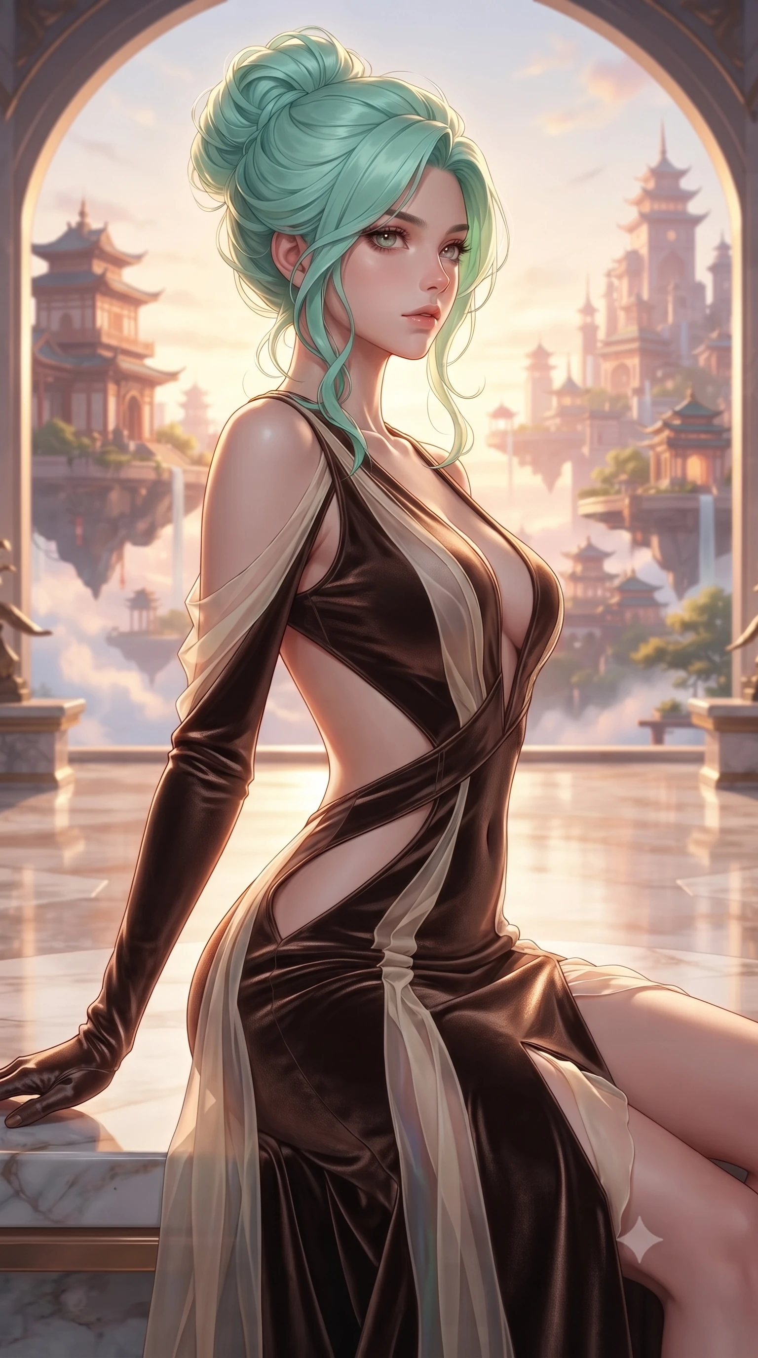 score_9, masterpiece, best quality, ultra-detailed, high-budget anime keyframe, editorial fashion photography, tasteful artistic composition, Japanese woman. close-up cowboy shot from the waist and thighs up, the character dominates the composition, filling the frame with her large presence, background elements kept in soft focus. Leaning slightly forward with a composed, seductive gaze under soft glowing light gazing out at a dreamlike palace archipelago suspended in golden hour light, soft rose-gold and amber sunset light reflecting off polished marble. She has an exceptionally elegant, slender, and willowy female figure with an ultra-slim waist, a gracefully sculpted slender torso, and a refined silhouette. sharp v-shaped jawline, high-bridge nose, intricate jewel-like eyes with depth, thick eyelashes, glossy lips with a natural sheen. wearing a translucent iridescent chiffon gown with a plunging neckline and open back in espresso brown and warm cream, made of premium stretch velvet with a rich sheen, featuring subtle geometric cutouts that highlight her ultra-slim midriff, the glove-like fit emphasizing her statuesque silhouette. illuminated by soft glowing sunset radiance with dramatic golden rim highlights. highly saturated vibrant anime colors, detailed shading with soft gradients, rich glossy textures, high-contrast stereoscopic depth, volumetric dynamic lighting, master piece, 9:16 ratio