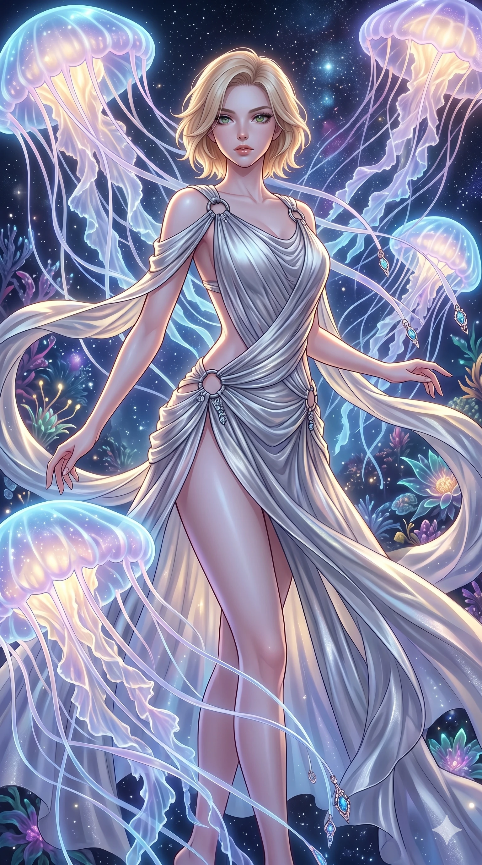 score_9, masterpiece, best quality, ultra-detailed, high-budget anime keyframe, Caucasian woman, strictly human ears. upper body close-up from the thighs up, character filling the screen for maximum presence. swirling gracefully among the glowing ribbon-like tentacles of giant bioluminescent jellyfish floating in a starry sky garden. She has an absolutely perfect 8-heads proportion, an exceptionally tall and slender female figure with impossibly long slender legs and an ultra-slim waist. V-shaped jawline, high-bridge nose, intricate jewel-like eyes with depth, thick eyelashes, glossy lips with a natural sheen.. wearing a draped Grecian cyber-gown, featuring draped silver metallic chiffon held by metal ring hardware, displaying a high-leg line. enhanced by a luminous pastel spectrum glow, casting elegant rim lights on her shoulders and jawline. 2k, ultra detail, master piece, 9:16 ratio