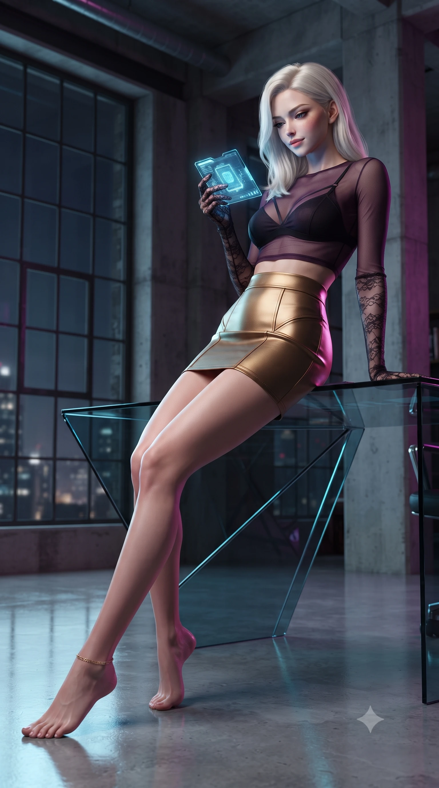 score_9, masterpiece, best quality, ultra-detailed, high-budget anime keyframe, editorial fashion photography, tasteful artistic composition, Caucasian woman. low angle full-body shot from head to toe showing her feet, filling the entire 9:16 vertical frame with her statuesque presence, stretching her vertical silhouette. reclining gracefully across the plush chaise lounge with one leg extended, her sculpted silhouette and flat midriff radiating magnetic nocturnal glamour while perched sideways on the glass desk with one leg extended, toying with a holographic interface chip with smoldering bedroom-eyes. The surrounding environment is rendered in vivid detail and crisp panoramic clarity: detailed plunging cowl-neck liquid satin slip cling, gold ankle chain shine, and industrial penthouse architecture in razor-sharp precision. She has an absolutely perfect, statuesque 8.5-heads proportion, an exceptionally tall and slender model-like female figure with impossibly long slender legs, an ultra-slim waist, a flat toned midriff, narrow delicate ribcage, and beautifully sculpted feminine hips creating a graceful, slim hourglass silhouette without any bulky heaviness. sharp v-shaped jawline, high-bridge nose, sparkling eyes with hypnotic seductive depth, thick curled eyelashes, glossy parted lips with a natural dewy peach sheen, alluring bedroom-eyes with an enchanting coquettish smile, exuding magnetic siren charisma and sophisticated glamour, flawlessly proportioned anatomical accuracy, strict slender model proportions, natural body alignment, perfectly sculpted long slender limbs, ultra-slim waistline, clean dynamic posture without body distortion. wearing a sheer mesh long-sleeve crop top over an opaque strappy micro-bralette and a sleek leatherette mini skirt in rich dark plum violet and gilded bronze, tailored from fine structural neoprene with crisp architectural edges and smooth contouring, complemented by sheer opera-length lace evening gloves tracing her slender arms, the glove-like clinging cut tightly following the natural contour of her hips and long slender legs with youthful 8.5-heads elegance. illuminated by polished floor reflections and sharp electric-cyan rim lights sculpting her razor-sharp jawline, narrow waist, and curvy hips. ultra-reflective glossy finish, specular highlights, rich textural contrasts, high-contrast stereoscopic depth, volumetric dynamic lighting, 2k, ultra detail, master piece, 9:16 ratio