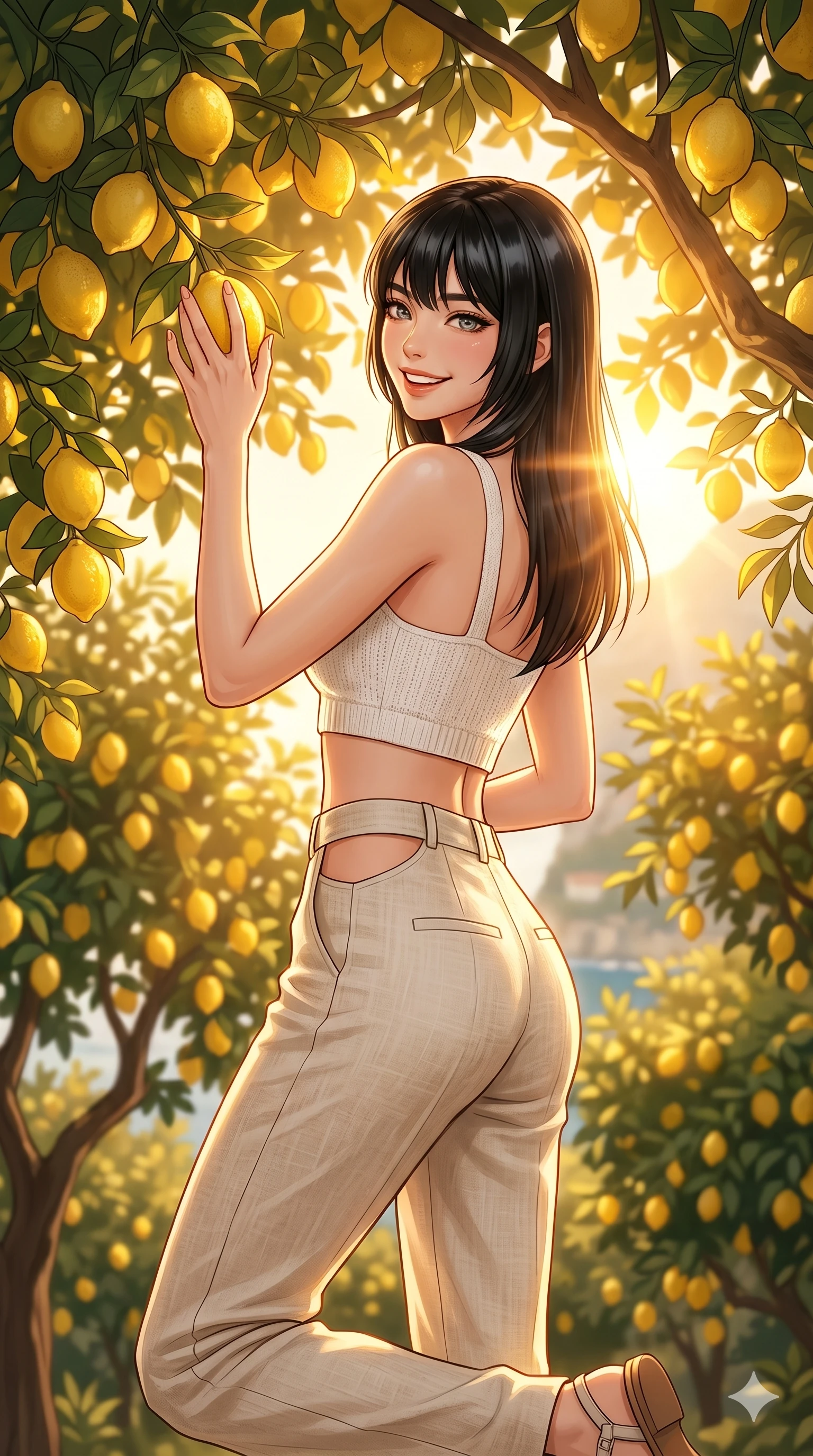 score_9, masterpiece, best quality, ultra-detailed, high-budget anime keyframe, editorial fashion photography, tasteful artistic composition, Caucasian woman, strictly human ears. cowboy shot from the thighs up, character and outfit filling the frame for maximum editorial presence. picking a lemon, looking back with a bright, playful grin, her eyes sparkling inside a sunlit lemon grove in Sorrento, Italy. She has an absolutely perfect 8-heads proportion, an exceptionally tall and slender female figure with impossibly long slender legs and an ultra-slim waist. V-shaped jawline, high-bridge nose, intricate jewel-like eyes with depth, thick eyelashes, glossy lips with a natural sheen. wearing a white knit crop top and high-waisted linen trousers with side cutouts. drenched in warm golden hour light pouring through the lemon branches, casting a cozy glow. 2k, ultra detail, master piece, 9:16 ratio