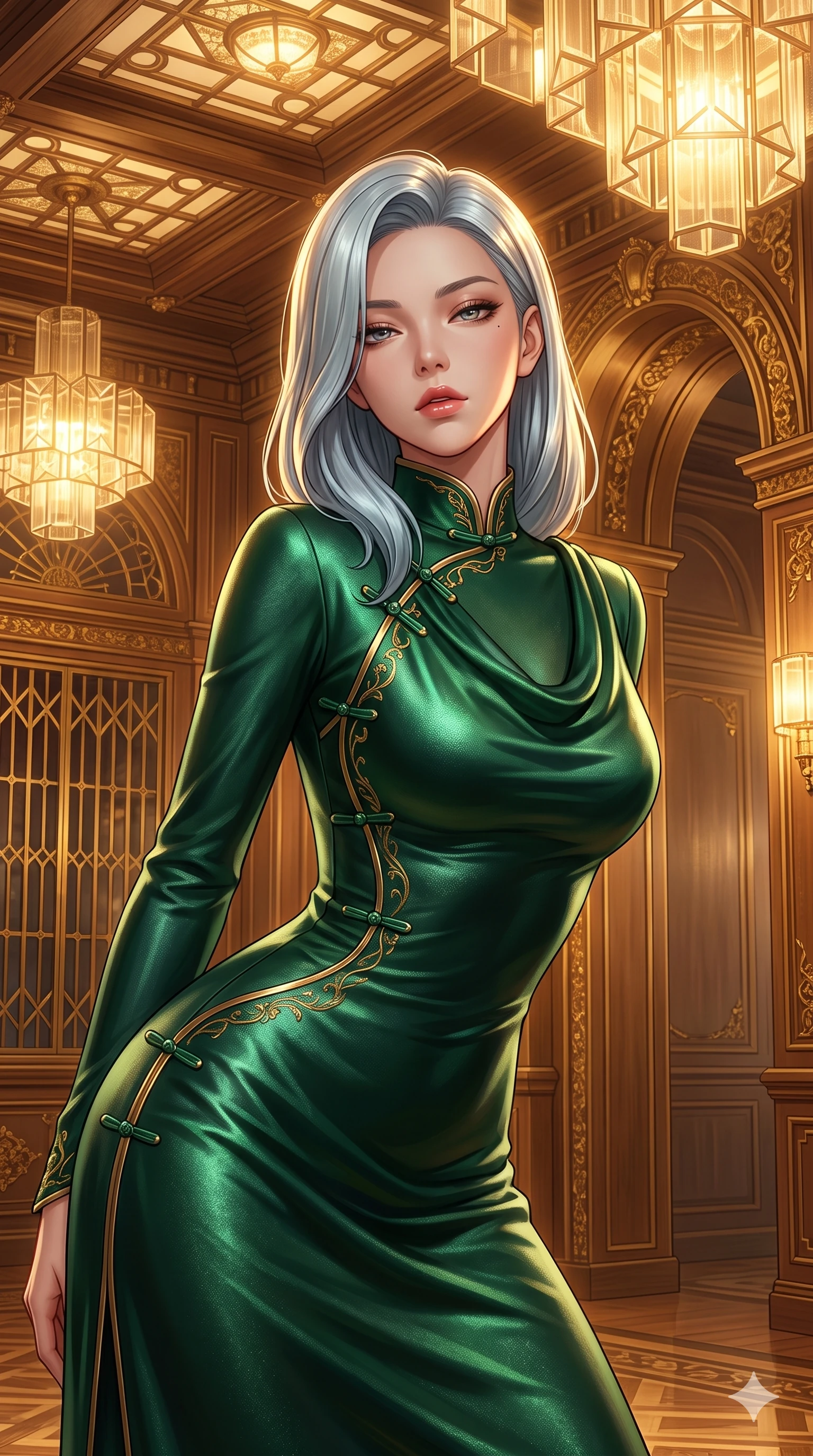 score_9, masterpiece, best quality, ultra-detailed, high-budget anime keyframe, semi-realistic 3D game render, editorial fashion photography, tasteful artistic composition, Korean woman. close-up cowboy shot from the waist and thighs up, the character dominates the composition, filling the frame with her large presence. leaning forward while arching her lower back to accentuate her curvy hips, looking into the camera with an intoxicating smoldering gaze and bedroom-eyes while twisting her slender torso in an alluring contrapposto stance, intricate brass shadow patterns and golden chandeliers tracing her narrow waist and curvy hips. The surrounding environment is rendered in vivid detail and crisp panoramic clarity: detailed high-Mandarin wrap dress tailoring, metallic lamé fabric sheen, and historic grand touring salon architecture in razor-sharp precision. She has an exceptionally elegant, slender, and willowy female figure with an ultra-slim waist, flat toned midriff, narrow ribcage, and sculpted feminine hips creating an alluring, slim hourglass silhouette without bulk. sharp v-shaped jawline, high-bridge nose, intricate jewel-like sparkling eyes with depth, thick eyelashes, glossy parted lips with a natural sheen, intensely captivating and seductive bedroom-eyes expression, exuding both youthful cute charm and sovereign luxury allure, flawlessly proportioned anatomical accuracy, strict slender model proportions, natural body alignment, perfectly sculpted long slender limbs, ultra-slim waistline, clean dynamic posture without body distortion. wearing a modest long-sleeve cowl-neck satin column gown draping gracefully to the floor with aristocratic poise in deep emerald green satin and gold hardware accents, crafted from luxurious metallic lamé that shifts radiance with every step, finished with sleek jade frog closures glinting along her high collar, the bespoke structured tailoring following the natural line of her 8.5-heads silhouette with refined elegance. bathed in the majestic, warm 2600K amber glow of geometric Lalique glass fixtures filtering through brass lattices. highly saturated vibrant anime colors, detailed shading with soft gradients, rich glossy textures, high-contrast stereoscopic depth, volumetric dynamic lighting, master piece, 9:16 ratio