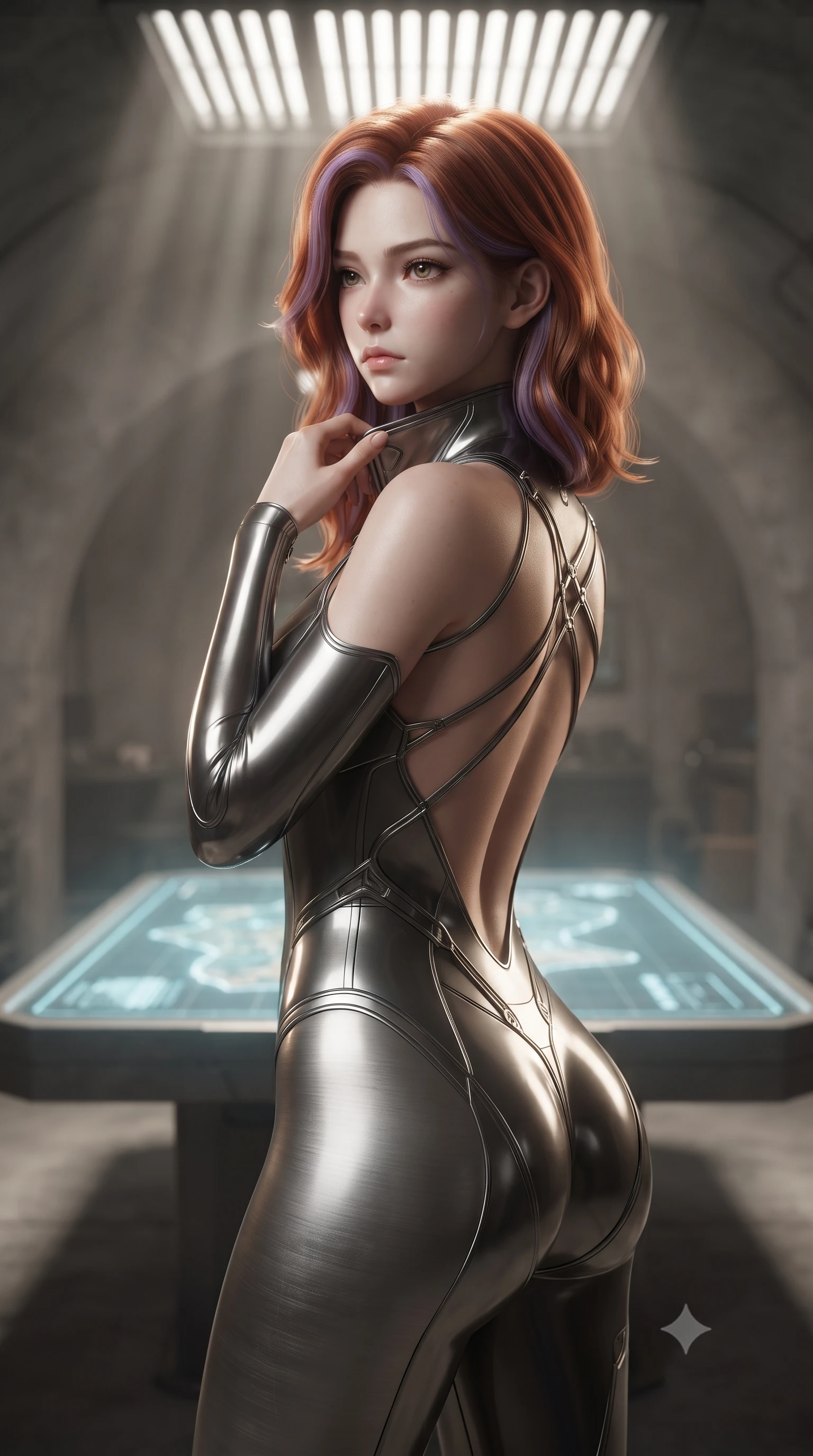 score_9, masterpiece, best quality, ultra-detailed, high-budget anime keyframe, editorial fashion photography, tasteful artistic composition, Caucasian woman. close-up cowboy shot from the waist and thighs up, the character dominates the composition, filling the frame with her large presence, background elements kept in soft focus. adjusting the high collar of her body-hugging suit, looking past the camera with quiet, sharp focus and a composed expression, the background shows a soft-focus a bunker briefing room with concrete arches and a central hologram table. She has an exceptionally elegant, slender, and willowy female figure with an ultra-slim waist, a gracefully sculpted slender torso, and a refined silhouette. sharp v-shaped jawline, high-bridge nose, intricate jewel-like eyes with depth, thick eyelashes, glossy lips with a natural sheen. wearing a slim-fit low-cut cybernetic bodysuit with open-back design and thin structural straps crossing her bare shoulder blades. volumetric sunbeams slicing through overhead ventilation grates. ultra-reflective glossy finish, specular highlights, metallic sheen, high-contrast stereoscopic depth, volumetric dynamic lighting, 2k, ultra detail, master piece, 9:16 ratio