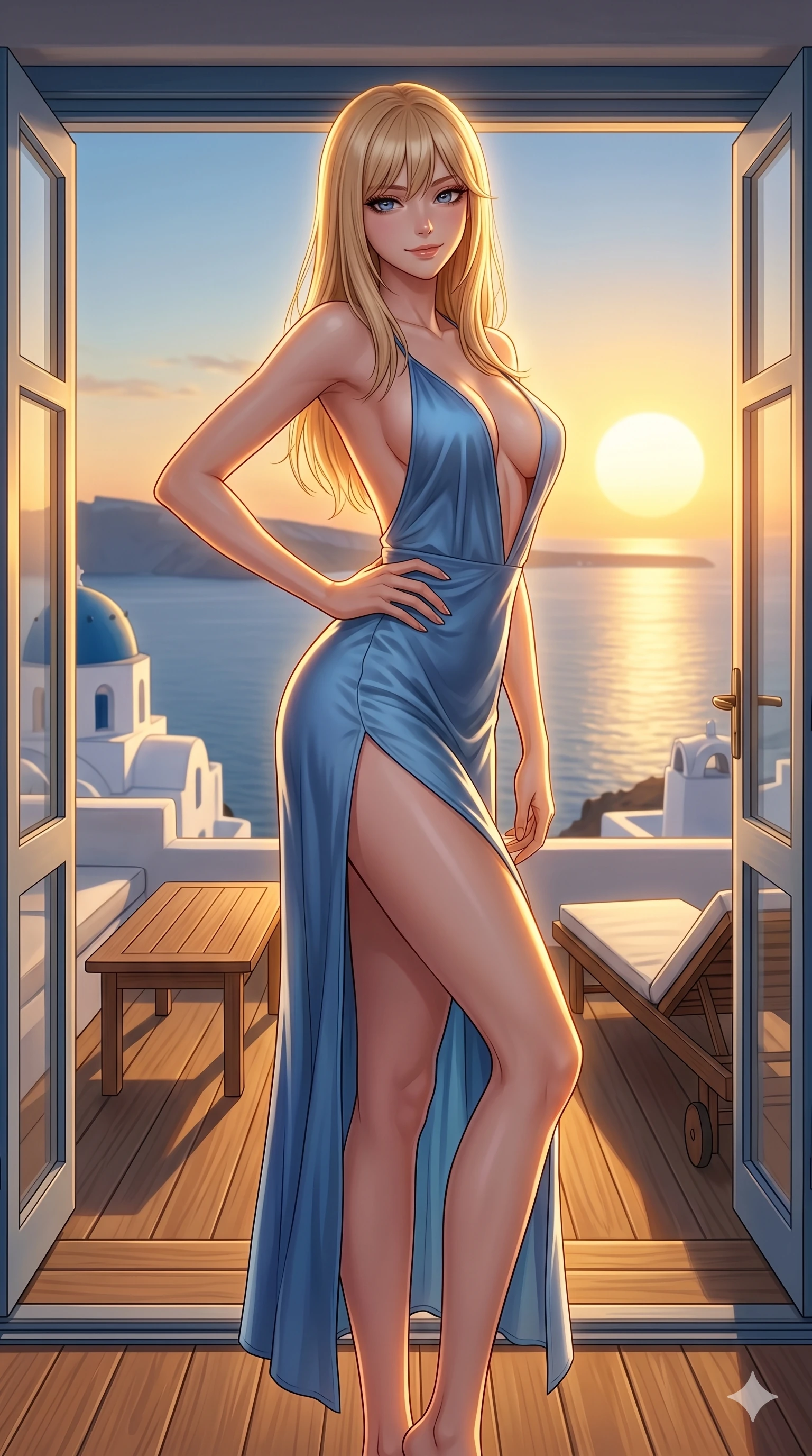score_9, masterpiece, best quality, ultra-detailed, high-budget anime keyframe, editorial fashion photography, tasteful artistic composition, Japanese woman. cowboy shot from the thighs up, character and outfit filling the frame for maximum editorial presence. resting one hand on the curve of her hip, arching her back gracefully with a confident, bedroom-eyes smile on a private teak sun-deck of a cliffside villa in Santorini, overlooking the calm Aegean sea (Code-P033). She has an absolutely perfect 8-heads proportion, an exceptionally tall and slender female figure with impossibly long slender legs and an ultra-slim waist. V-shaped jawline, high-bridge nose, intricate jewel-like eyes with depth, thick eyelashes, glossy lips with a natural sheen. wearing a lightweight blue silk slip dress with an ultra-deep plunging neckline and a high side slit. bathed in warm, golden sunset light pouring through the windows, casting a warm glowing aura over her. 2k, ultra detail, master piece, 9:16 ratio