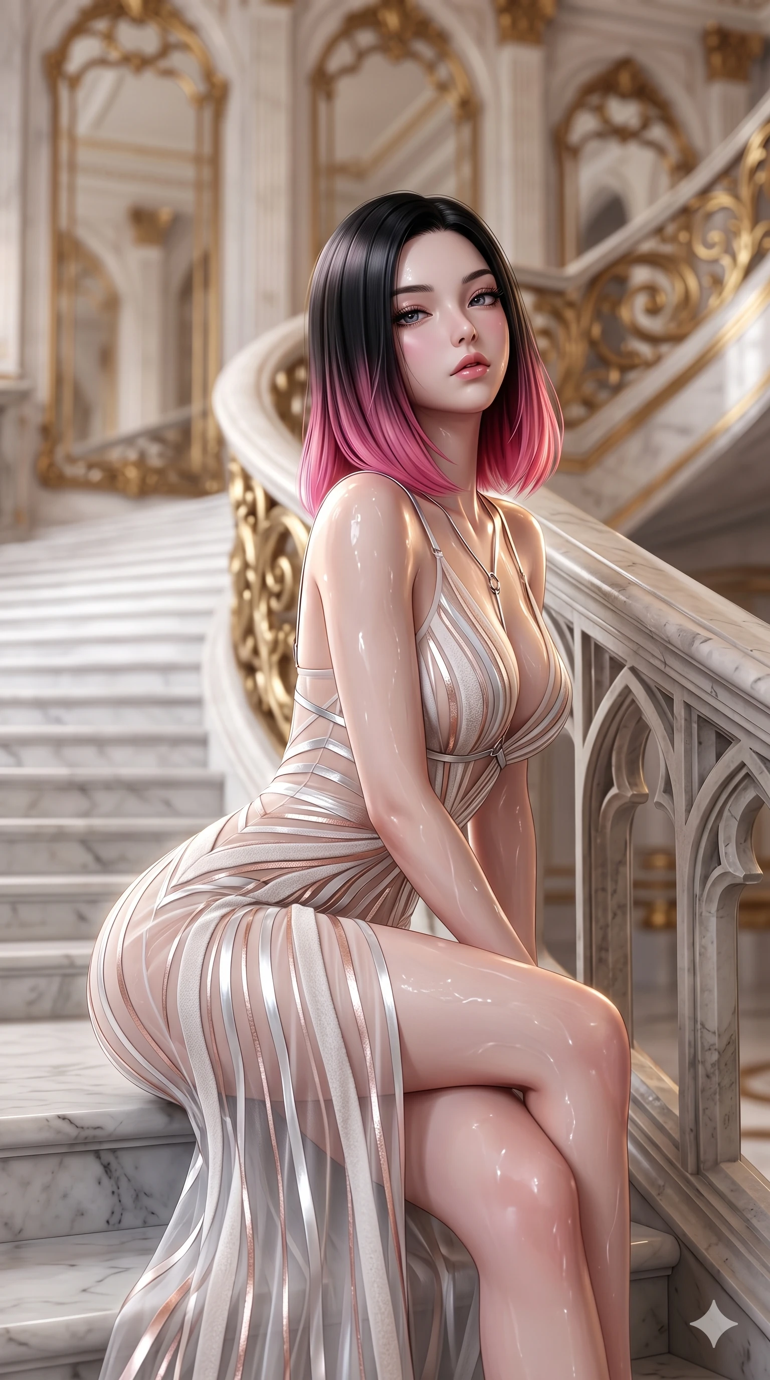 score_9, masterpiece, best quality, ultra-detailed, high-budget anime keyframe, semi-realistic 3D game render, editorial fashion photography, tasteful artistic composition, Korean woman. close-up cowboy shot from the waist and thighs up, the character dominates the composition, filling the frame with her large presence. leaning forward over the carved stone gothic balustrade, looking back with sleepy seductive bedroom-eyes as water reflections dance across her silhouette while sitting poised on the polished Carrara marble steps with one knee bent, arching her spine with supermodel elegance as she glances upward through thick eyelashes. The background shows a soft-focus sweeping curved white marble stairs, monumental gilded bronze banister scrollwork, and towering arched palace mirrors blurred into alabaster, gold, and champagne bokeh. She has an exceptionally elegant, slender, and willowy female figure with an ultra-slim waist, flat toned midriff, narrow ribcage, and sculpted feminine hips creating an alluring, slim hourglass silhouette without bulk. sharp v-shaped jawline, high-bridge nose, intricate jewel-like sparkling eyes with depth, thick eyelashes, glossy parted lips with a natural sheen, intensely captivating and seductive bedroom-eyes expression, exuding both youthful cute charm and sovereign luxury allure, flawlessly proportioned anatomical accuracy, strict slender model proportions, natural body alignment, perfectly sculpted long slender limbs, ultra-slim waistline, clean dynamic posture without body distortion. wearing a plunge-front sheer illusion tulle slip dress with liquid platinum ribbon stripes hugging her curves in celestial porcelain white and rose-gold, crafted from bespoke double-faced cashmere with an exceptionally soft tactile finish, accented with a chrome-drop body harness subtly framing her dewy collarbones and spine, the glove-like clinging cut tightly following the natural contour of her hips and long slender legs with youthful 8.5-heads elegance. illuminated by white marble floor bounce and sharp diamond-gold rim lights carving her sculpted collarbones, ultra-slim waist, and curvy hips. highly saturated vibrant anime colors, detailed shading with soft gradients, rich glossy textures, high-contrast stereoscopic depth, volumetric dynamic lighting, master piece, 9:16 ratio