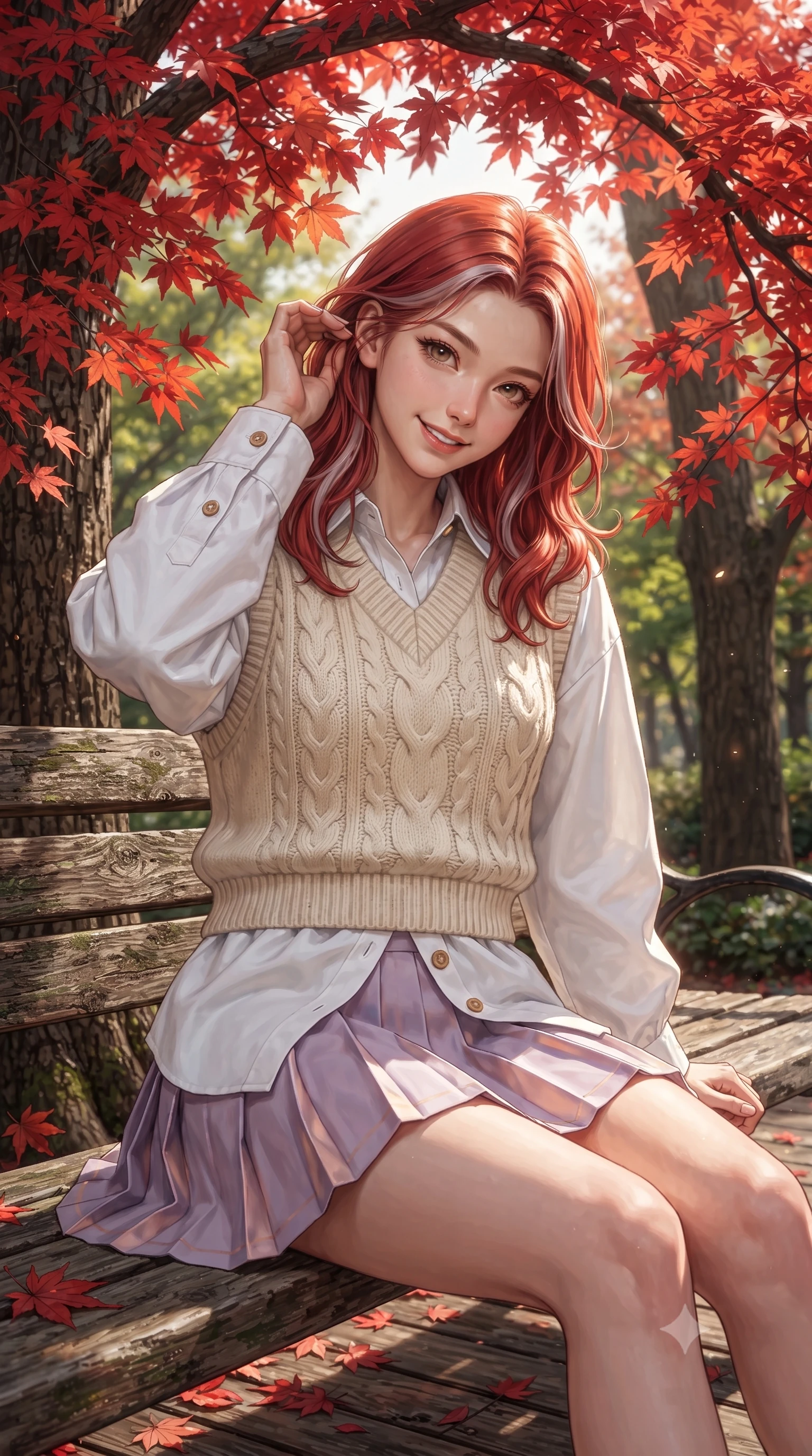 score_9, masterpiece, best quality, ultra-detailed, high-budget anime keyframe, editorial fashion photography, tasteful artistic composition, Caucasian woman. close-up cowboy shot from the waist and thighs up, the character dominates the composition, filling the frame with her large presence. tilting her head with a cute, youthful grin while brushing a stray strand of hair behind her ear with slender fingers while sitting on a rustic park bench under an arch of fiery crimson maple branches, smiling cozily into the lens. The surrounding environment is rendered in vivid detail and crisp panoramic clarity. distinct maple leaf veins, textured tree bark, and fallen leaf-covered timber pathways in deep focus. She has an exceptionally elegant, slender, and willowy female figure with an ultra-slim waist, a gracefully sculpted slender torso, toned flat midriff, and a refined slim silhouette. sharp v-shaped jawline, high-bridge nose, intricate jewel-like eyes with depth, thick eyelashes, glossy lips with a natural sheen, pure and lovely fresh girlhood expression, flawlessly proportioned anatomical accuracy, strict slender model proportions, natural body alignment, perfectly sculpted long slender limbs, ultra-slim waistline, clean dynamic posture without body distortion. wearing a cozy cable-knit sweater vest layered over an oversized crisp white shirt and a pleated tennis skirt in subtle lilac violet and soft rose gold, tailored from crisp organic cotton poplin, finished with neat natural wooden buttons and patch pocket details, the soft airy drape swaying gracefully with her dynamic movements, emphasizing her tall willowy build and slim waistline. illuminated by crisp directional sunbeams accentuating her slender waistline and cozy layered outfit. ultra-reflective glossy finish, specular highlights, rich natural textures, high-contrast stereoscopic depth, volumetric dynamic lighting, 2k, ultra detail, master piece, 9:16 ratio