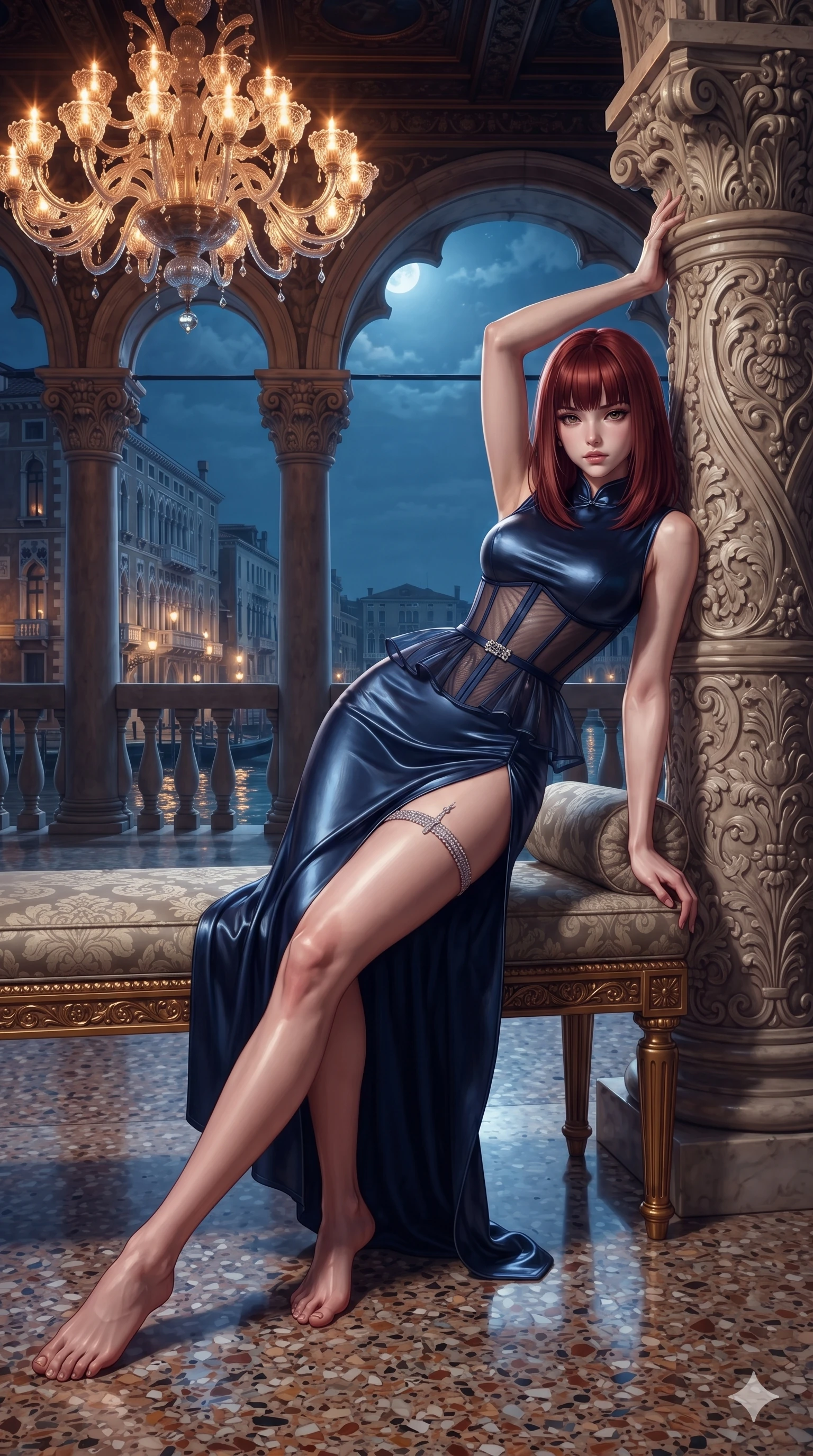 score_9, masterpiece, best quality, ultra-detailed, high-budget anime keyframe, editorial fashion photography, tasteful artistic composition, Caucasian woman. low angle full-body shot from head to toe showing her feet, filling the entire 9:16 vertical frame with her statuesque presence, stretching her vertical silhouette. standing tall beside the carved palazzo column, one hand resting high while arching her lower back to emphasize her sculpted feminine hips and slender waist while reclining gracefully across the damask-cushioned loggia bench propped on one elbow with legs extended, displaying her statuesque silhouette against the grand Venetian night. The surrounding environment is rendered in vivid detail and crisp panoramic clarity: intricate peplum corset tailoring, sheer power-mesh panels, and opulent European palace interiors in razor-sharp precision. She has an exceptionally tall and slender model-like 8.5-heads proportion, an ultra-slim waist, a flat toned midriff, narrow delicate ribcage, and beautifully sculpted feminine hips creating a graceful, slim hourglass silhouette without any bulky heaviness, with impossibly long slender legs. sharp v-shaped jawline, high-bridge nose, intricate jewel-like sparkling eyes with depth, thick eyelashes, glossy parted lips with a natural sheen, intensely captivating and seductive bedroom-eyes expression, exuding both youthful cute charm and sovereign luxury allure, flawlessly proportioned anatomical accuracy, strict slender model proportions, natural body alignment, perfectly sculpted long slender limbs, ultra-slim waistline, clean dynamic posture without body distortion. wearing an alluring high-slit wrap cheongsam secured by miniature jeweled clasps and revealing the curve of her hip in midnight sapphire blue and liquid platinum, made of fluid liquid jersey with seamless sculpting hold and smooth contours, finished with delicate crystal-encrusted thigh garter straps glinting in the dim light, the form-contouring cut accentuating her sculpted flat midriff, narrow delicate ribcage, and gracefully curvy hips with intoxicating allure. bathed in the warm, sparkling amber-crystal brilliance of interior Murano chandeliers contrasting with cool midnight blue moonlight outside. ultra-reflective glossy finish, specular highlights, rich textural contrasts, high-contrast stereoscopic depth, volumetric dynamic lighting, 2k, ultra detail, master piece, 9:16 ratio