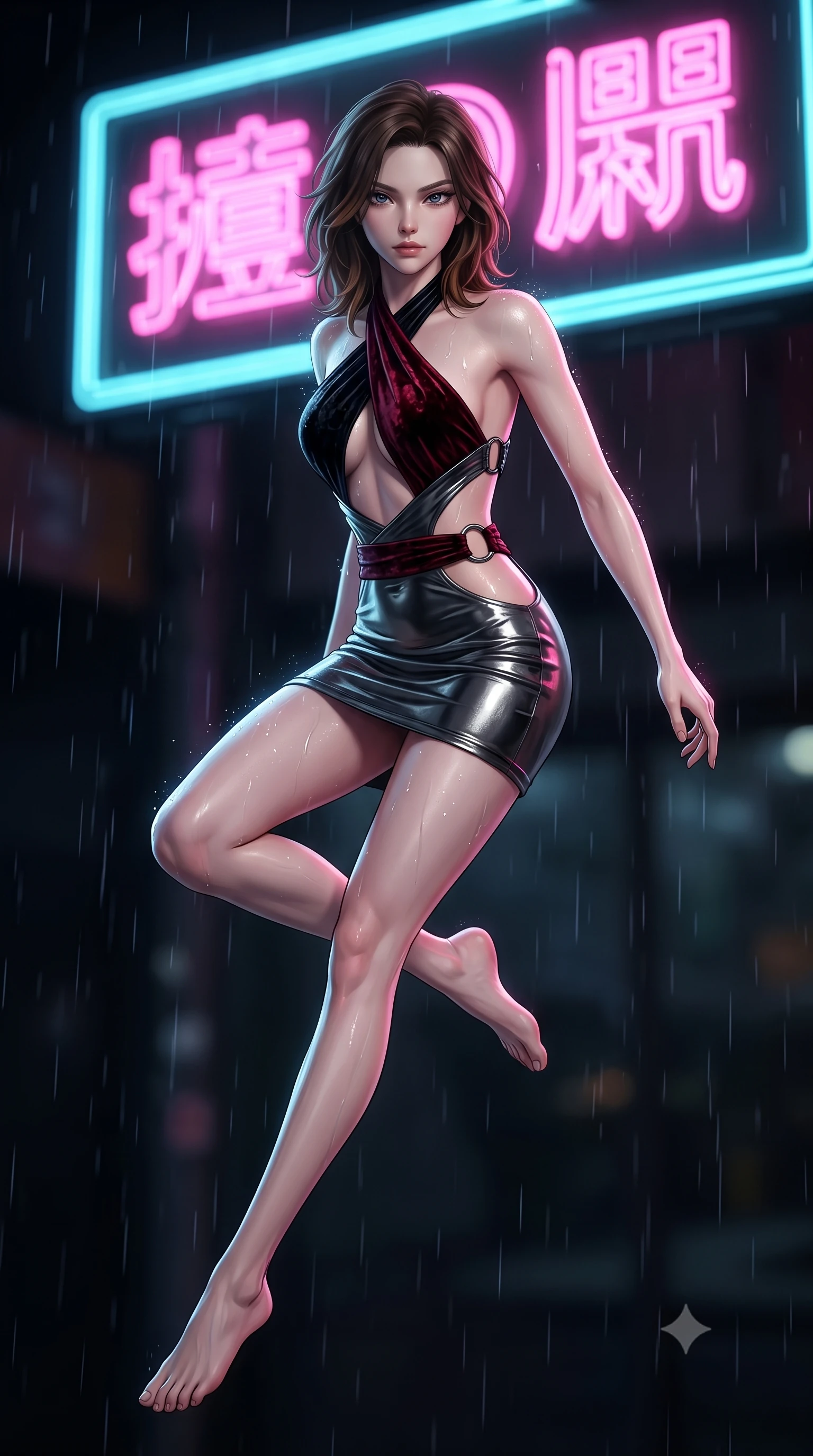 score_9, masterpiece, best quality, ultra-detailed, high-budget anime keyframe, semi-realistic 3D game render, editorial fashion photography, tasteful artistic composition, Korean woman. low angle full-body shot from head to toe showing her feet, filling the entire 9:16 vertical frame with her statuesque presence, stretching her vertical silhouette. performing an alluring mid-air vault with flawless poise, looking directly into the camera with smoldering, predatory intensity while pivoting dynamically beneath a sputtering neon kanji billboard with rain droplets glistening across her bare shoulders. The composition keeps background elements in soft focus with creamy bokeh. falling raindrops catching neon light motes across a dark noir backdrop. She has an absolutely perfect, statuesque 8.5-heads proportion, an exceptionally tall and slender model-like female figure with impossibly long slender legs, a toned flat midriff, and an ultra-slim waist. sharp v-shaped jawline, high-bridge nose, intricate jewel-like eyes with depth, thick eyelashes, glossy lips with a natural sheen, flawlessly proportioned anatomical accuracy, strict slender model proportions, natural body alignment, perfectly sculpted long slender limbs, ultra-slim waistline, clean dynamic posture without body distortion. wearing a molten gunmetal liquid-metal mini dress featuring deep side-waist cutouts and a daring crossover halter neckline in midnight onyx black and deep blood crimson, made of rich crushed velvet that catches deep directional light with soft gradients, detailed with polished gunmetal rings connecting the daring side-waist cutouts, the glove-like aerodynamic second-skin fit tightly clinging to her ultra-slender waist and athletic curves without adding bulk, accentuating her razor-sharp statuesque lines and slim hourglass silhouette. illuminated by wet reflective highlights tracing her sculpted flat midriff, waist, and long legs. rich saturated anime colors with deep moody shadows, detailed chiaroscuro shading with soft gradients, rich glossy textures, high-contrast stereoscopic depth, volumetric dynamic shadow lighting, master piece, 9:16 ratio