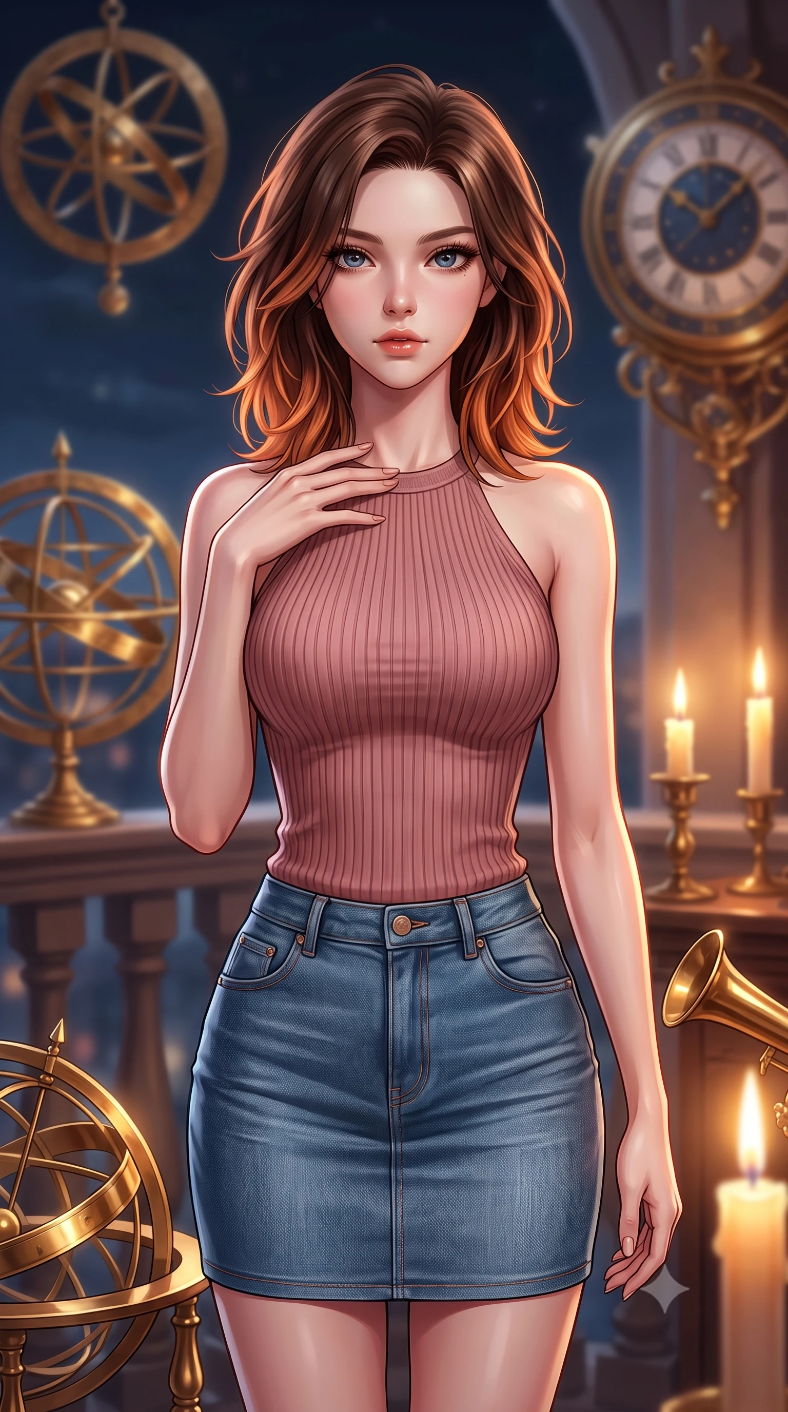 score_9, masterpiece, best quality, ultra-detailed, high-budget anime keyframe, editorial fashion photography, tasteful artistic composition, Korean woman. close-up cowboy shot from the waist and thighs up, the character dominates the composition, filling the frame with her large presence, background elements kept in soft focus. standing with one hand resting on her collarbone, looking at the viewer with bedroom-eyes the background shows a soft-focus a high-tower balcony with delicate brass armillary spheres and astronomical clocks. She has an exceptionally elegant, slender, and willowy female figure with an ultra-slim waist, a gracefully sculpted slender torso, and a refined silhouette. sharp v-shaped jawline, high-bridge nose, intricate jewel-like eyes with depth, thick eyelashes, glossy lips with a natural sheen. wearing a body-hugging form-fitting ribbed knit halter top in dusty rose, paired with a tight-fitting denim skirt. warm candlelight casting dramatic shadows on polished brass instruments. highly saturated vibrant anime colors, detailed shading with soft gradients, rich glossy textures, high-contrast stereoscopic depth, volumetric dynamic lighting, master piece, 9:16 ratio