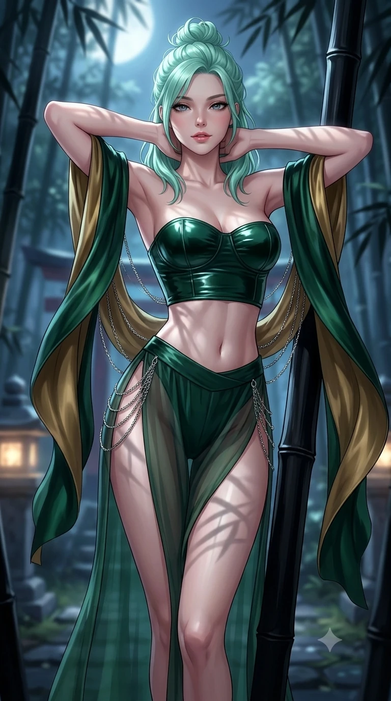 score_9, masterpiece, best quality, ultra-detailed, high-budget anime keyframe, semi-realistic 3D game render, editorial fashion photography, tasteful artistic composition, Japanese woman. close-up cowboy shot from the waist and thighs up, the character dominates the composition, filling the frame with her large presence. resting both hands lightly behind her neck with elbows raised, arching her spine to highlight her narrow waist, flat midriff, and breathtaking collarbones while leaning against a black bamboo stalk with hips cocked back, night breezes fluttering her silk garments open around her curves. The background shows a soft-focus mystical bamboo forest shrine softened in atmospheric nocturnal shallow focus. She has an exceptionally elegant, slender, and willowy female figure with an ultra-slim waist, flat toned midriff, narrow ribcage, and sculpted feminine hips creating an alluring, slim hourglass silhouette without bulk. sharp v-shaped jawline, high-bridge nose, sparkling eyes with hypnotic seductive depth, thick curled eyelashes, glossy parted lips with a natural dewy peach sheen, alluring bedroom-eyes with an enchanting coquettish smile, exuding magnetic siren charisma and sophisticated glamour, flawlessly proportioned anatomical accuracy, strict slender model proportions, natural body alignment, perfectly sculpted long slender limbs, ultra-slim waistline, clean dynamic posture without body distortion. wearing a strapless wet-look vinyl bustier paired with sheer chiffon high-slit wrap trousers revealing her long slender legs in dark emerald forest and brushed antique gold, tailored from smooth liquid silk satin with a natural dewy moonlight sheen, accented with an open-back drape framed by falling strands of delicate chrome chains, the precision-cut side openings and low-back scoop framing her graceful spine and the sensual sweep of her slim, toned hips. bathed in crisp silver moonlight filtering down through dense bamboo canopies creating intricate linear shadows. highly saturated vibrant anime colors, detailed shading with soft gradients, rich glossy textures, high-contrast stereoscopic depth, volumetric dynamic lighting, master piece, 9:16 ratio