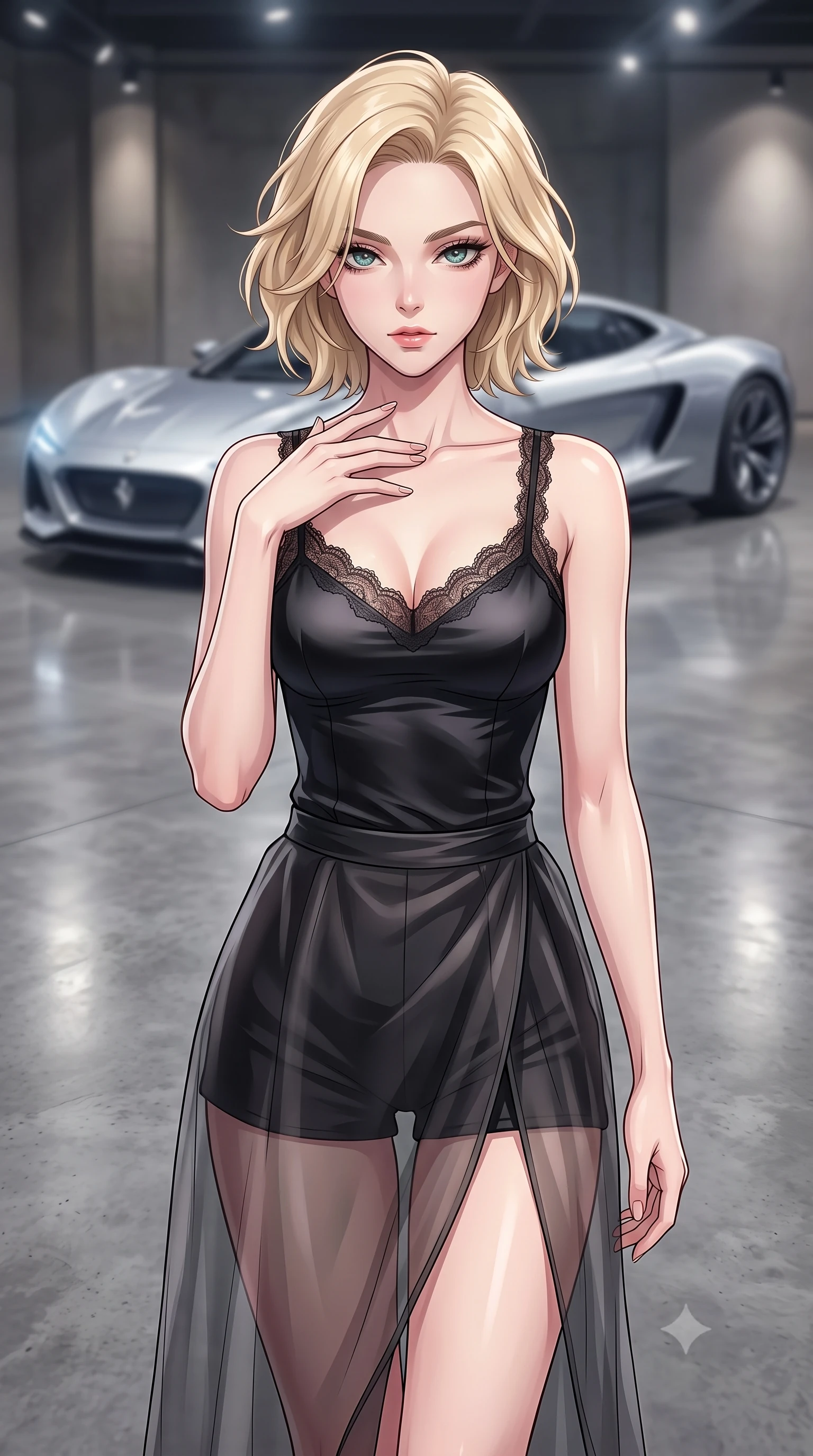 score_9, masterpiece, best quality, ultra-detailed, high-budget anime keyframe, tasteful artistic composition, Caucasian woman. close-up cowboy shot from the waist and thighs up, the character dominates the composition, filling the frame with her large presence, background elements kept in soft focus. standing with one hand resting on her collarbone, looking at the viewer with bedroom-eyes the background shows a soft-focus an indoor showroom with polished concrete floors reflecting a silver concept car. She has an exceptionally elegant, slender, and willowy female figure with an ultra-slim waist, a gracefully sculpted slender torso, and a refined silhouette. sharp v-shaped jawline, high-bridge nose, intricate jewel-like eyes with depth, thick eyelashes, glossy lips with a natural sheen. wearing a body-hugging delicate lace-trim camisole in black silk, paired with a sheer organza wrap skirt and shorts. soft spotlighting highlighting the metallic sheen and glossy finish of the outfit. highly saturated vibrant anime colors, cel-shading, 2d style, master piece, 9:16 ratio