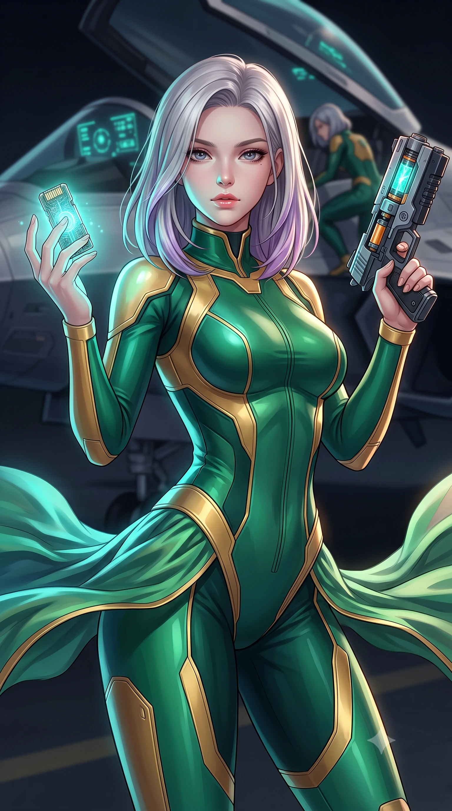 score_9, masterpiece, best quality, ultra-detailed, high-budget anime keyframe, editorial fashion photography, tasteful artistic composition, Caucasian woman, strictly human ears. close-up cowboy shot from the waist and thighs up, the character dominates the composition, filling the frame with her large presence, background elements kept in soft focus. Holding a glowing data drive aloft while reloading a futuristic plasma pistol, ready for the next wave. set against a soft-focus background of a pilot entering the cockpit of a fighter, canopy closing and digital HUD screens lighting up. She has an exceptionally elegant and slender, willowy female figure with an ultra-slim waist, a gracefully sculpted slender torso, and a refined slim physique. sharp v-shaped jawline, high-bridge nose, intricate jewel-like eyes with depth, thick eyelashes, glossy lips with a natural sheen. wearing the lightweight fabric rippling and billowing dramatically with her movement, a form-contouring body-hugging cybernetic pilot suit in emerald green and gold panels, featuring a high collar and sleek contour lines. highly saturated vibrant anime colors, intense vivid color palette, soft 3D volumetric shading, volumetric dynamic lighting, soft aqua bioluminescent light making her skin luminously glow against darkness. 2k, ultra detail, master piece, 9:16 ratio