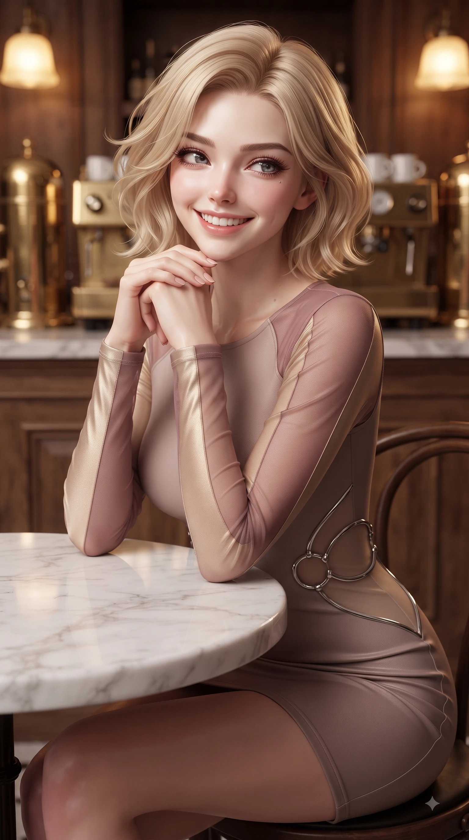 score_9, masterpiece, best quality, ultra-detailed, high-budget anime keyframe, editorial fashion photography, tasteful artistic composition, Caucasian woman. close-up cowboy shot from the waist and thighs up, the character dominates the composition, filling the frame with her large presence, background elements kept in soft focus. Radiant youthful grin reflecting college charm while casting a playful, joyful side-gaze with heavy lashes while resting her chin playfully on the back of her fingers at a marble cafe table with a sweet grin, warm oak wood interior and brass coffee machines reflecting soft golden ambient lamps. She has an exceptionally elegant, slender, and willowy female figure with an ultra-slim waist, a gracefully sculpted slender torso, and a refined silhouette. sharp v-shaped jawline, high-bridge nose, intricate jewel-like eyes with depth, thick eyelashes, glossy lips with a natural sheen, flawlessly proportioned anatomical accuracy, natural body alignment, perfectly sculpted elegant limbs, clean dynamic posture without body distortion. wearing a sleek bodycon knit dress with strategic sheer organza sleeve panels in dusty rose and champagne gold, formed from sleek second-skin neoprene, accented with delicate chrome ring hardware framing her waist, the form-contouring material highlighting her ultra-slim waist and long lines. surrounded by a cozy, intimate, and relaxing cafe atmosphere. ultra-reflective glossy finish, specular highlights, metallic sheen, high-contrast stereoscopic depth, volumetric dynamic lighting, 2k, ultra detail, master piece, 9:16 ratio
