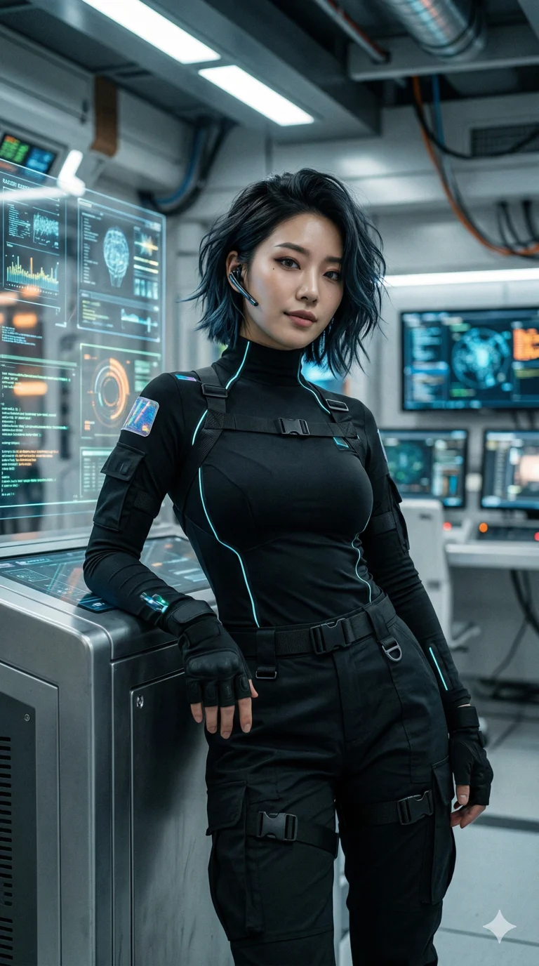 score_9, score_8_up, score_7_up, masterpiece, 1girl, solo, Korean woman, alluring, sexy expression, sexy tight techwear, tactical straps, glowing accents, futuristic laboratory, glowing screens, holographic interfaces, cyberpunk aesthetic, high-tech, futuristic, 2k, ultra detail, master piece, 9:16 ratio
