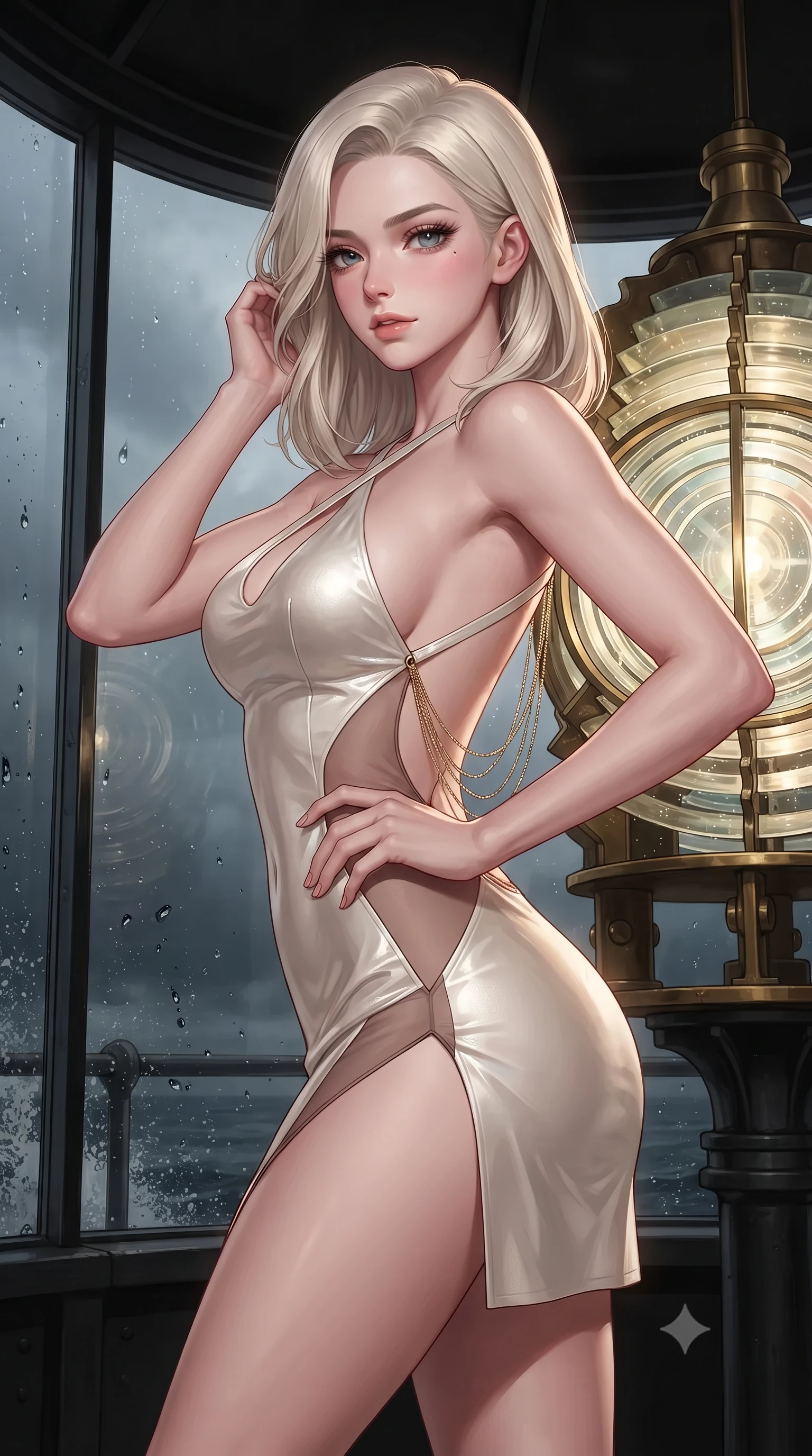 score_9, masterpiece, best quality, ultra-detailed, high-budget anime keyframe, editorial fashion photography, tasteful artistic composition, Caucasian woman. close-up cowboy shot from the waist and thighs up, the character dominates the composition, filling the frame with her large presence. gently brushing a lock of hair behind her ear while casting a playful, flirtatious side-gaze with long eyelashes while standing poised inside the circular glass lantern room atop the historic granite lighthouse, arching her lower back with fierce diva charisma as Atlantic gale winds buffet the tower. The surrounding environment is rendered in vivid detail and crisp panoramic clarity: sharp brass lens frame hardware, concentric prisms of the antique Fresnel lens, and dark sea spray droplet clarity in deep focus. She has an exceptionally elegant, slender, and willowy female figure with an ultra-slim waist, flat toned midriff, narrow ribcage, and sculpted feminine hips creating an alluring, slim hourglass silhouette without bulk. sharp v-shaped jawline, high-bridge nose, intricate jewel-like sparkling eyes with depth, thick eyelashes, glossy parted lips with a natural peach sheen, bright cheerful beaming smile with an enchanting and coquettish sensual glint, exuding both youthful cute charm and seductive allure, flawlessly proportioned anatomical accuracy, strict slender model proportions, natural body alignment, perfectly sculpted long slender limbs, ultra-slim waistline, clean dynamic posture without body distortion. wearing a backless liquid lamé mini dress with criss-cross spinal straps and daring side slit in Belvedere ivory pearl and Habsburg bordeaux wine, featuring strategic sheer-illusion tulle side panels framing her ribcage and hips, accented with an open-back drape framed by falling strands of delicate gold chains, the bespoke structured tailoring following the natural line of her 8.5-heads silhouette with refined elegance. illuminated by curved glass reflection bounce and sharp platinum-gold rim lights defining her dewy collarbones, ultra-slim waist, and curvy hips. ultra-reflective glossy finish, specular highlights, rich textural contrasts, high-contrast stereoscopic depth, volumetric dynamic lighting, 2k, ultra detail, master piece, 9:16 ratio