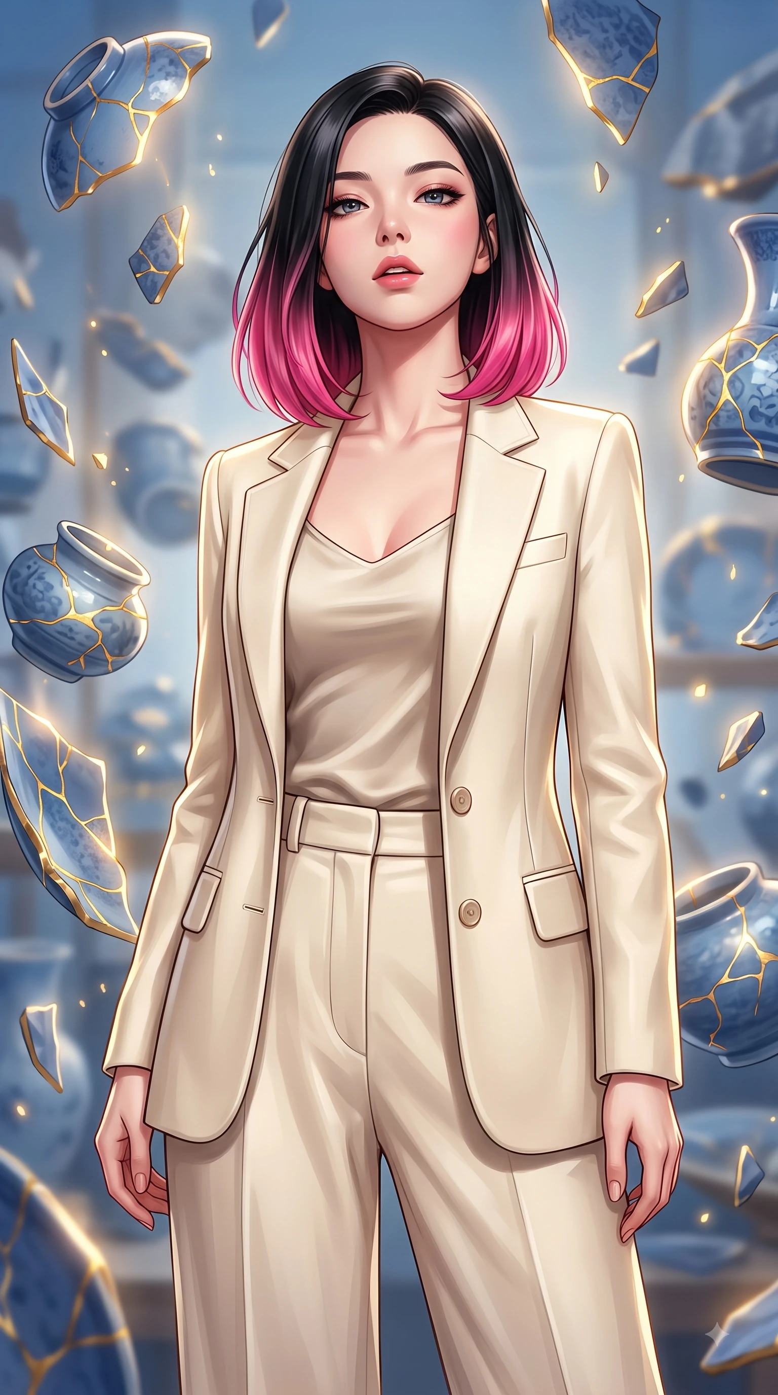 score_9, masterpiece, best quality, ultra-detailed, high-budget anime keyframe, editorial fashion photography, tasteful artistic composition, Korean woman woman. close-up cowboy shot from the waist and thighs up, the character dominates the composition, filling the frame with her large presence, background elements kept in soft focus. She has an exceptionally elegant, slender, and willowy female figure with an ultra-slim waist, a gracefully sculpted slender torso, and a refined silhouette. tilting her chin up slightly with lips parted in a composed and alluring expression, flawlessly proportioned anatomical accuracy, natural body alignment, perfectly sculpted elegant limbs, clean dynamic posture without body distortion. set against a soft-focus background of a floating blue porcelain workshop with levitating kintsugi shards. wearing a tailored cream wool blazer over an oatmeal silk camisole and wide-leg trousers. bathed in gold ethereal light radiating from gold cracks in floating ceramics with intense inner glow. highly saturated vibrant anime colors, detailed shading with soft gradients, rich glossy textures, high-contrast stereoscopic depth, volumetric dynamic lighting, master piece, 9:16 ratio