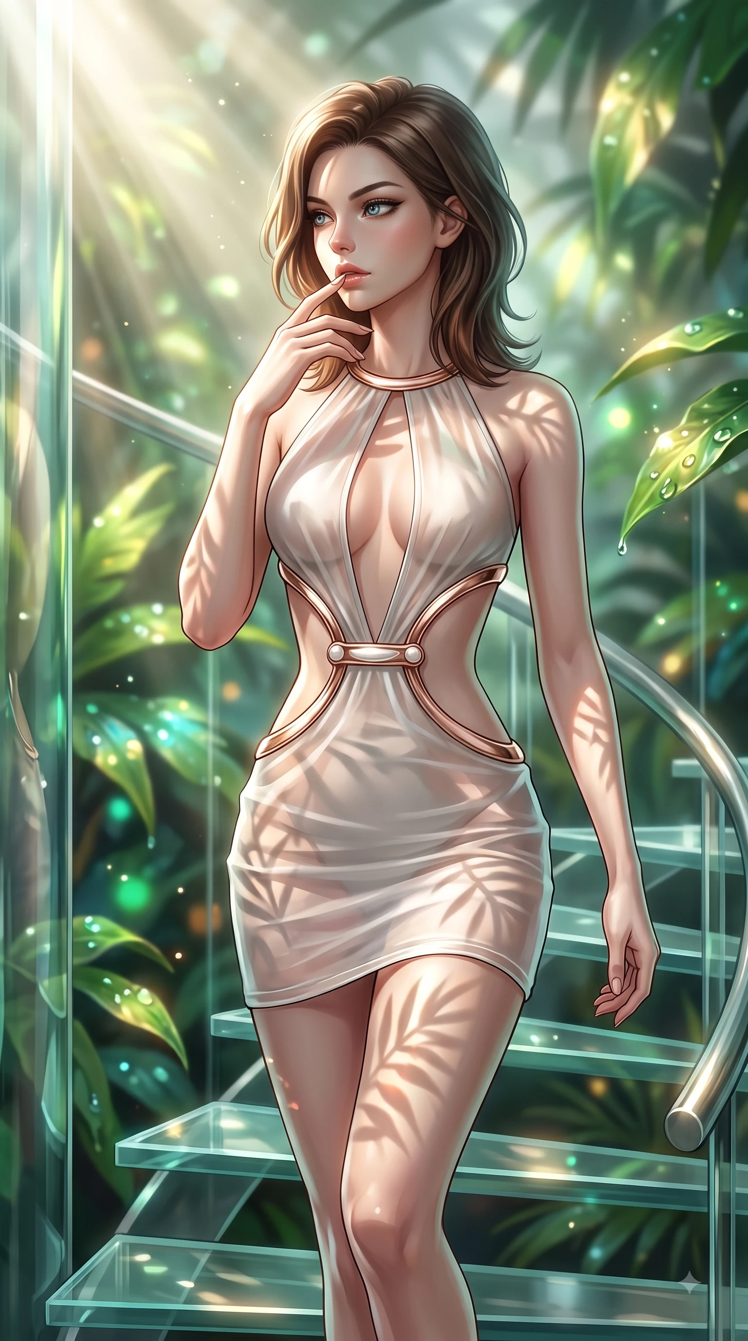 score_9, masterpiece, best quality, ultra-detailed, high-budget anime keyframe, editorial fashion photography, tasteful artistic composition, Korean woman. close-up cowboy shot from the waist and thighs up, the character dominates the composition, filling the frame with her large presence, background elements kept in soft focus. Resting two fingers near her glossy lips, casting a sharp mysterious side-gaze during her dynamic motion while ascending a vertical glass spiral staircase enveloped by tropical volumetric sunbeams, dewdrops on bioluminescent leaves reflecting vibrant emerald and gold highlights. She has an exceptionally elegant, slender, and willowy female figure with an ultra-slim waist, a gracefully sculpted slender torso, and a refined silhouette. sharp v-shaped jawline, high-bridge nose, intricate jewel-like eyes with depth, thick eyelashes, glossy lips with a natural sheen, flawlessly proportioned anatomical accuracy, natural body alignment, perfectly sculpted elegant limbs, clean dynamic posture without body distortion. wearing a dramatic open-waist cutout mini dress framed by sculptural hardware in pearl white and rose gold, woven from fine semi-opaque sheer organza, accented with a Tasteful chest slit framing her clavicle gracefully, the glove-like fit emphasizing her statuesque silhouette during motion. illuminated by brilliant sunbeams casting organic leaf stencil shadows. ultra-reflective glossy finish, specular highlights, metallic sheen, high-contrast stereoscopic depth, volumetric dynamic lighting, 2k, ultra detail, master piece, 9:16 ratio