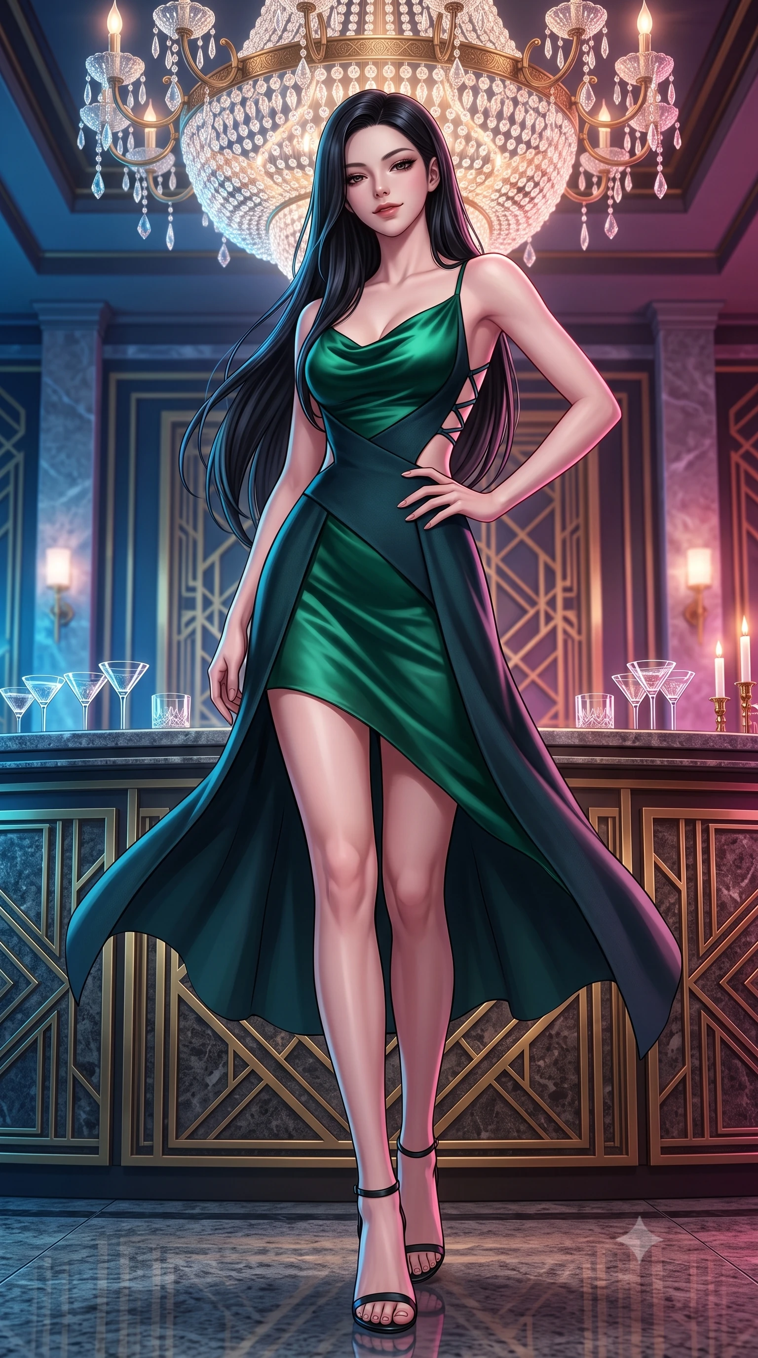 score_9, masterpiece, best quality, ultra-detailed, high-budget anime keyframe, semi-realistic 3D game render, editorial fashion photography, tasteful artistic composition, Korean woman. low angle full-body shot from head to toe showing her feet, filling the entire 9:16 vertical frame with her statuesque presence, stretching her vertical silhouette. pausing mid-stride beneath the grand chandelier with one hand resting on her narrow waist, her arched hips and statuesque 8.5-heads presence commanding the 9:16 vertical frame while twisting her slender torso in an alluring S-curve, cool midnight river breezes fluttering her tailored outfit around her curvy hips and long slender legs. The surrounding environment is rendered in vivid detail and crisp panoramic clarity. sharp art deco brass geometric relief, polished riverfront granite texture, and crystal cocktail glass clarity in deep focus. She has an exceptionally tall and slender model-like 8.5-heads proportion, an ultra-slim waist, a flat toned midriff, narrow delicate ribcage, and beautifully sculpted feminine hips creating a graceful, slim hourglass silhouette without any bulky heaviness, with impossibly long slender legs. sharp v-shaped jawline, high-bridge nose, intricate jewel-like dark sparkling eyes with dangerous depth, thick curled eyelashes, glossy parted lips with a rich wine sheen, smoldering seductive half-smile with bedroom-eyes, exuding effortless superiority and intoxicating dark allure, flawlessly proportioned anatomical accuracy, strict slender model proportions, natural body alignment, perfectly sculpted long slender limbs, ultra-slim waistline, clean dynamic posture without body distortion. wearing a cowl-neck emerald green silk satin slip dress with criss-cross back straps and hip-accentuating drape in deep forest teal and dark gunmetal, tailored from fine lightweight midnight wool crepe with crisp architectural structure, featuring a dramatic criss-cross satin back lacing tracing her slender spine, the precision-cut side openings and low-back scoop framing her graceful spine and the sensual sweep of her slim, toned hips. bathed in dramatic neon riverfront ambient bounce and warm terrace candle highlights. highly saturated vibrant anime colors, detailed shading with soft gradients, rich glossy textures, high-contrast stereoscopic depth, volumetric dynamic lighting, master piece, 9:16 ratio