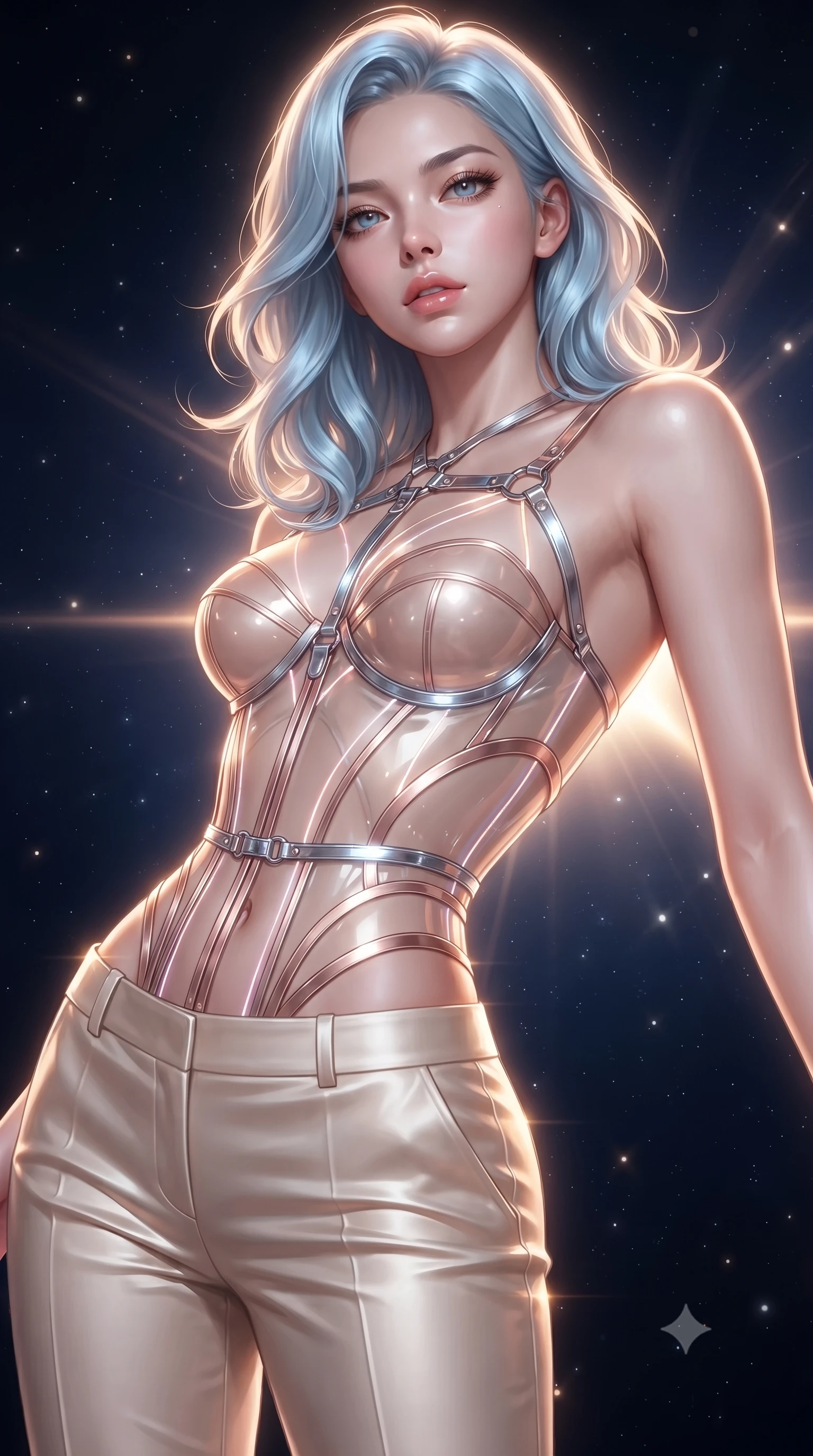 score_9, masterpiece, best quality, ultra-detailed, high-budget anime keyframe, editorial fashion photography, tasteful artistic composition, Korean woman. close-up cowboy shot from the waist and thighs up, the character dominates the composition, filling the frame with her large presence. looking into the camera lens with intense, captivating depth, softly parted glossy lips and thick eyelashes framing her ethereal gaze while arching her spine in a fluid zero-gravity turn as solar wind flares and cosmic rays trace her statuesque silhouette. The composition keeps background elements in soft focus with creamy bokeh. brilliant solar flare rays and starlight scattering radiant light motes across a deep space backdrop. She has an exceptionally elegant, slender, and willowy female figure with an ultra-slim waist, a gracefully sculpted slender torso, toned flat midriff, and a refined slim silhouette. sharp v-shaped jawline, high-bridge nose, intricate jewel-like eyes with depth, thick eyelashes, glossy lips with a natural sheen, flawlessly proportioned anatomical accuracy, strict slender model proportions, natural body alignment, perfectly sculpted long slender limbs, ultra-slim waistline, clean dynamic posture without body distortion. wearing a structured translucent cyber-corset paired with tailored high-fashion satin trousers that sharply cinch her ultra-slim waist in sculpted rose gold and luminescent champagne ivory, formed from high-gloss patent material with specular chiaroscuro reflections, reinforced by a sleek metallic chrome harness and delicate glowing micro-straps, the precision-cut daring openings accentuating her delicate midriff, graceful bare collarbones, and ultra-slim feminine waistline. illuminated by crisp gold specular highlights sharply defining her ultra-slim waist, long legs, and flat midriff. ultra-reflective glossy finish, specular highlights, dark metallic sheen, high-contrast stereoscopic depth, volumetric dynamic lighting, 2k, ultra detail, master piece, 9:16 ratio