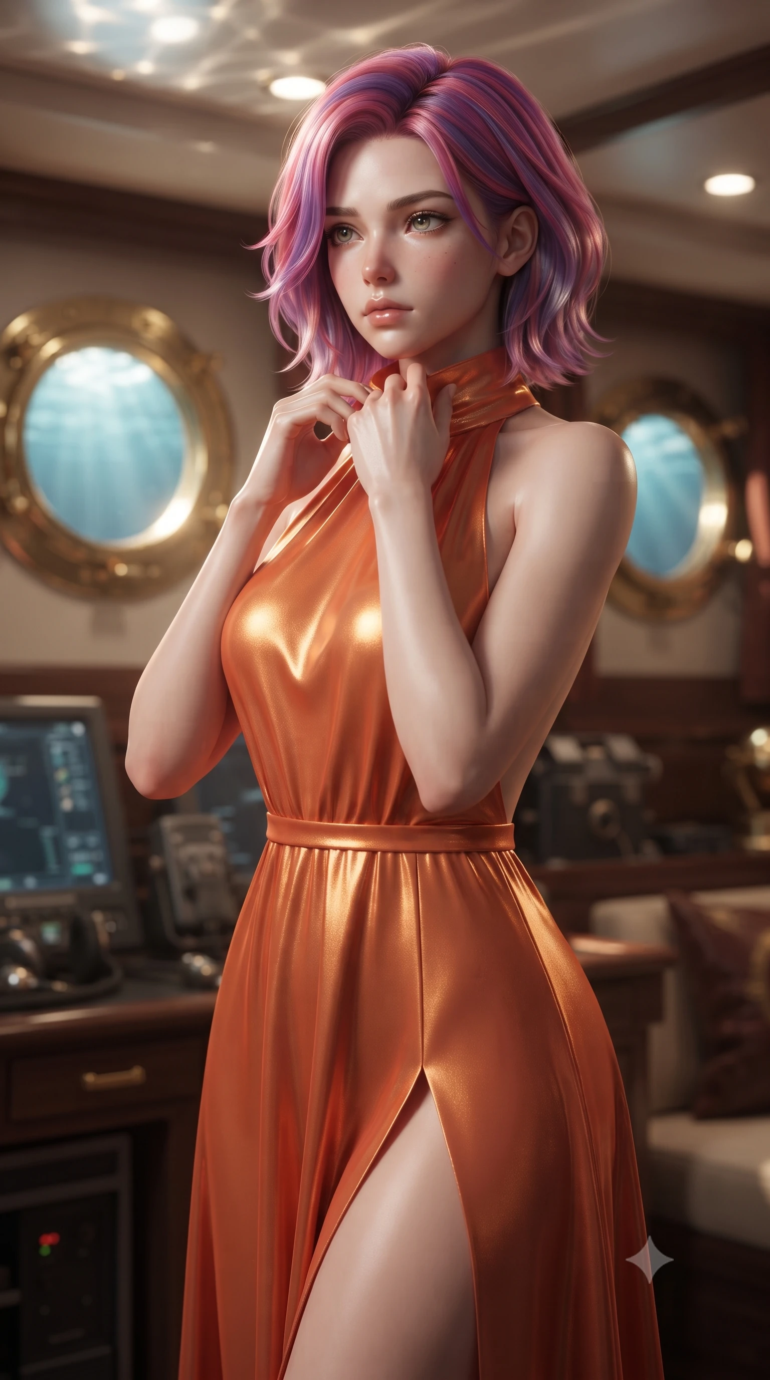 score_9, masterpiece, best quality, ultra-detailed, high-budget anime keyframe, editorial fashion photography, tasteful artistic composition, Caucasian woman. close-up cowboy shot from the waist and thighs up, the character dominates the composition, filling the frame with her large presence, background elements kept in soft focus. adjusting the high collar of her body-hugging suit, looking past the camera with quiet, sharp focus and a composed expression, the background shows a soft-focus a private cabin room of an abyssal research yacht with brass portholes. She has an exceptionally elegant, slender, and willowy female figure with an ultra-slim waist, a gracefully sculpted slender torso, and a refined silhouette. sharp v-shaped jawline, high-bridge nose, intricate jewel-like eyes with depth, thick eyelashes, glossy lips with a natural sheen. wearing a tailored high-slit space combat gown in sunset orange chiffon, featuring a daring thigh-slit and an open-back design. shimmering sunbeams reflecting from the water surface onto the ceiling. ultra-reflective glossy finish, specular highlights, metallic sheen, high-contrast stereoscopic depth, volumetric dynamic lighting, 2k, ultra detail, master piece, 9:16 ratio