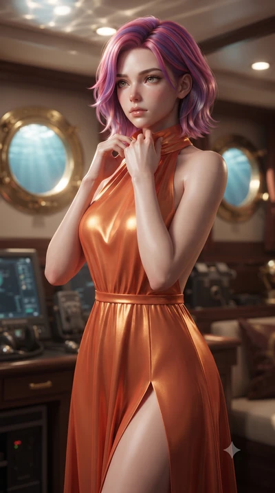 score_9, masterpiece, best quality, ultra-detailed, high-budget anime keyframe, editorial fashion photography, tasteful artistic composition, Caucasian woman. close-up cowboy shot from the waist and thighs up, the character dominates the composition,