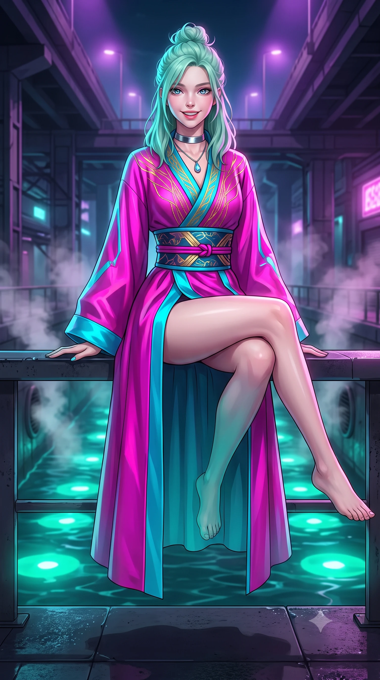 score_9, masterpiece, best quality, ultra-detailed, high-budget anime keyframe, semi-realistic 3D game render, editorial fashion photography, tasteful artistic composition, Japanese woman. close-up cowboy shot from the waist and thighs up, the character dominates the composition, filling the frame with her large presence. perched sideways on the lounge seat, one knee drawn up to showcase her slender leg line while her arched back accentuates her feminine hip curve while sitting poised on the sleek concrete canal ledge with one knee bent, arching her back with playful elegance and parted glossy lips. The background shows a soft-focus swirling warm steam from canal vents softened in subterranean urban waterway shallow focus. She has an exceptionally elegant, slender, and willowy female figure with an ultra-slim waist, flat toned midriff, narrow ribcage, and sculpted feminine hips creating an alluring, slim hourglass silhouette without bulk. sharp v-shaped jawline, high-bridge nose, intricate jewel-like sparkling eyes with depth, thick eyelashes, glossy parted lips with a natural peach sheen, bright cheerful beaming smile with an enchanting and coquettish sensual glint, exuding both youthful cute charm and seductive allure, flawlessly proportioned anatomical accuracy, strict slender model proportions, natural body alignment, perfectly sculpted long slender limbs, ultra-slim waistline, clean dynamic posture without body distortion. wearing an elegant high-neck cyber-kimono coat with integrated gold fiber-optic embroidery and wide obi belt in Neo-Tokyo neon magenta and electric cyan, crafted from bespoke double-faced cashmere with an exceptionally soft tactile finish, finished with a minimalist chrome choker and a single teardrop diamond pendant, the bespoke structured tailoring following the natural line of her 8.5-heads silhouette with refined elegance. bathed in vivid emerald-cyan underwater LEDs combined with ambient violet floodlights from the highway bridges. highly saturated vibrant anime colors, detailed shading with soft gradients, rich glossy textures, high-contrast stereoscopic depth, volumetric dynamic lighting, master piece, 9:16 ratio