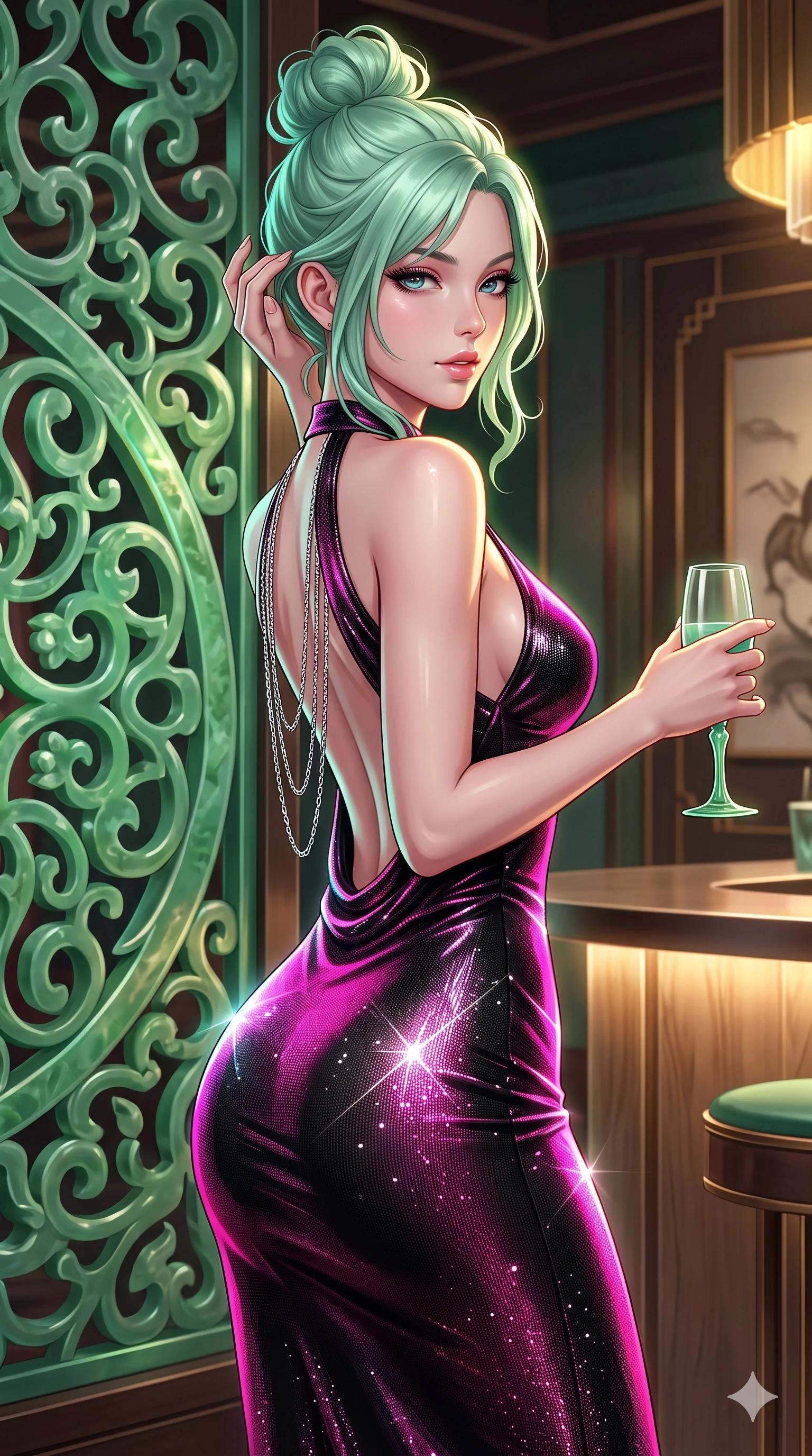 score_9, masterpiece, best quality, ultra-detailed, high-budget anime keyframe, semi-realistic 3D game render, editorial fashion photography, tasteful artistic composition, Japanese woman. close-up cowboy shot from the waist and thighs up, the character dominates the composition, filling the frame with her large presence. gently brushing a lock of hair behind her ear while casting a playful, flirtatious side-gaze with long eyelashes while standing poised beside the sculptural jade screen, arching her lower back with sovereign supermodel poise while holding a jade-stemmed glass. The surrounding environment is rendered in vivid detail and crisp panoramic clarity: intricate second-skin silk dress tailoring, jeweled clasp hardware, and luxury Oriental modern interior design in razor-sharp precision. She has an exceptionally elegant, slender, and willowy female figure with an ultra-slim waist, flat toned midriff, narrow ribcage, and sculpted feminine hips creating an alluring, slim hourglass silhouette without bulk. sharp v-shaped jawline, high-bridge nose, intricate jewel-like sparkling eyes with depth, thick eyelashes, glossy parted lips with a natural sheen, intensely captivating and seductive bedroom-eyes expression, exuding both youthful cute charm and sovereign luxury allure, flawlessly proportioned anatomical accuracy, strict slender model proportions, natural body alignment, perfectly sculpted long slender limbs, ultra-slim waistline, clean dynamic posture without body distortion. wearing a form-fitting liquid mercury jersey evening dress clinging smoothly to her narrow waist and rounded hips in black lacquer and vibrant magenta neon, woven from stretch metallic lurex jersey casting radiant starlight glints across her curves, accented with an open-back drape framed by falling strands of delicate chrome chains, the glove-like clinging cut tightly following the natural contour of her hips and long slender legs with youthful 8.5-heads elegance. illuminated by bar surface bounce and sharp emerald-gold rim lights sculpting her razor-sharp jawline, narrow waist, and curvy hips. highly saturated vibrant anime colors, detailed shading with soft gradients, rich glossy textures, high-contrast stereoscopic depth, volumetric dynamic lighting, master piece, 9:16 ratio