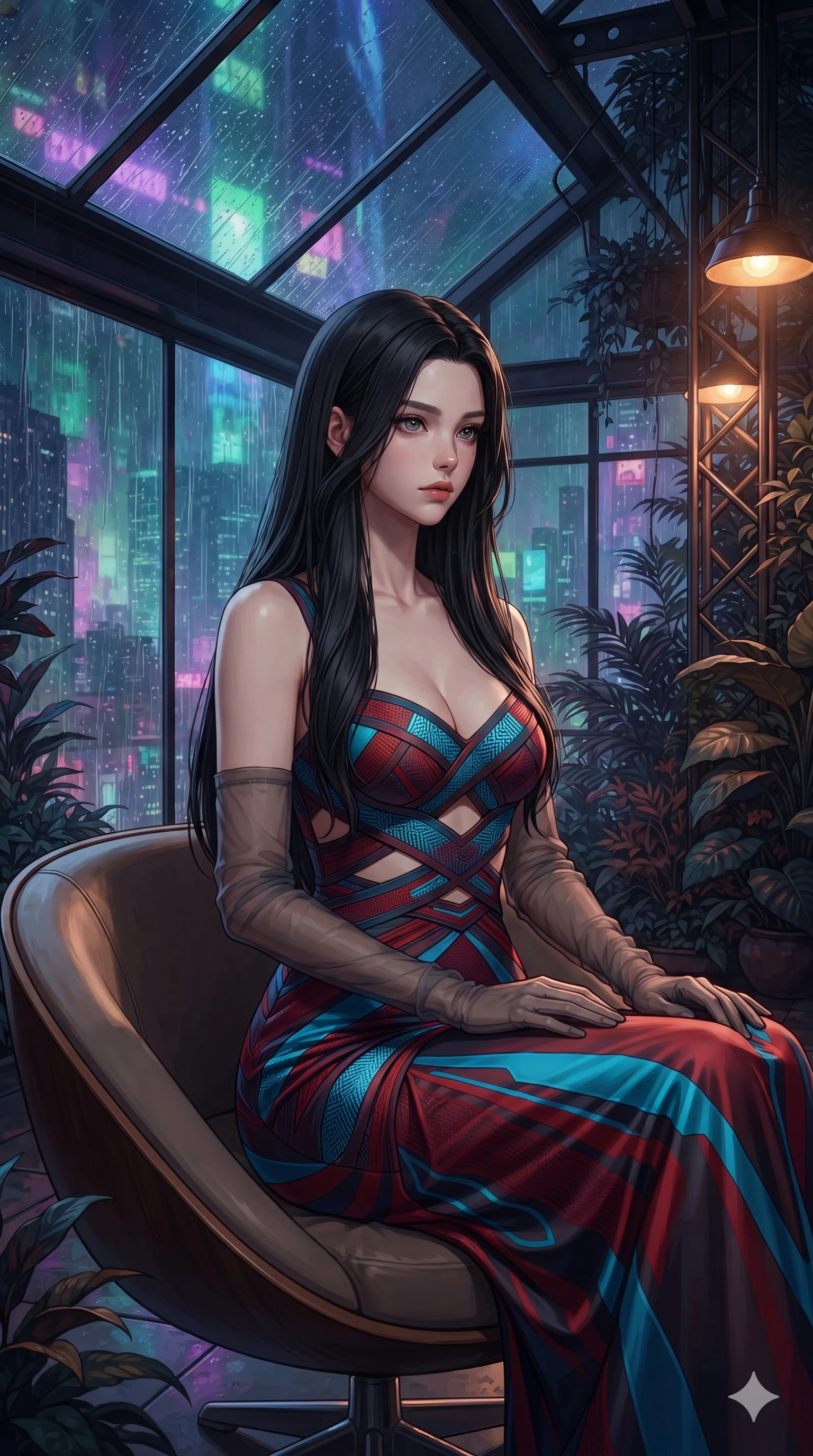 score_9, masterpiece, best quality, ultra-detailed, high-budget anime keyframe, editorial fashion photography, tasteful artistic composition, Korean woman. close-up cowboy shot from the waist and thighs up, the character dominates the composition, filling the frame with her large presence. perched sideways on the lounge seat, one knee drawn up to showcase her slender leg line while her arched back accentuates her feminine hip curve while standing poised on the polished black granite walkway inside the high-altitude rooftop greenhouse, arching her back with siren poise as acid rain streams down the slanted glass skylight. The surrounding environment is rendered in vivid detail and crisp panoramic clarity: sharp water droplet trails on glass, glossy dark monstera leaf textures, and polished black granite floor grain in deep focus. She has an exceptionally elegant, slender, and willowy female figure with an ultra-slim waist, flat toned midriff, narrow ribcage, and sculpted feminine hips creating an alluring, slim hourglass silhouette without bulk. sharp v-shaped jawline, high-bridge nose, intricate jewel-like sparkling eyes with depth, thick eyelashes, glossy parted lips with a natural peach sheen, bright cheerful beaming smile with an enchanting and coquettish sensual glint, exuding both youthful cute charm and seductive allure, flawlessly proportioned anatomical accuracy, strict slender model proportions, natural body alignment, perfectly sculpted long slender limbs, ultra-slim waistline, clean dynamic posture without body distortion. wearing a dense bandage knit cocktail dress with sweetheart neckline hugging her delicate ribcage and feminine hips in cyber-shinto vermilion and laser turquoise, made of fluid liquid jersey with seamless sculpting hold and smooth contours, complemented by sheer opera-length evening gloves tracing her slender arms, the form-contouring silhouette accentuating her sculpted flat midriff, narrow delicate ribcage, and gracefully curvy hips with intoxicating allure. bathed in warm 2700K greenhouse grow lamps contrasted with cool exterior neon skyscraper radiance through wet glass. ultra-reflective glossy finish, specular highlights, rich textural contrasts, high-contrast stereoscopic depth, volumetric dynamic lighting, 2k, ultra detail, master piece, 9:16 ratio