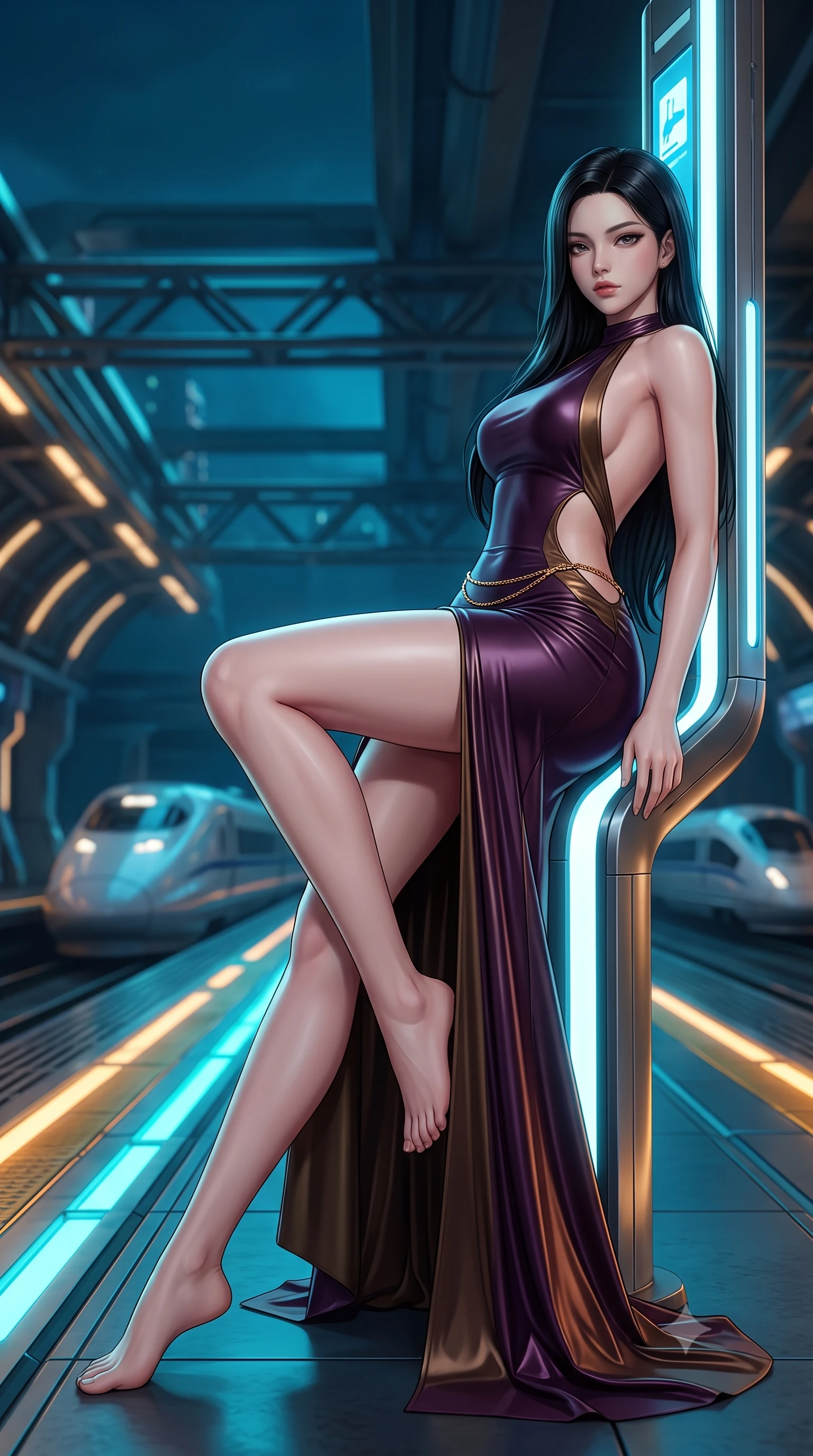 score_9, masterpiece, best quality, ultra-detailed, high-budget anime keyframe, semi-realistic 3D game render, editorial fashion photography, tasteful artistic composition, Korean woman. low angle full-body shot from head to toe showing her feet, filling the entire 9:16 vertical frame with her statuesque presence, stretching her vertical silhouette. reclining on her side in an elegant Cleopatra pose with one knee drawn up, the dramatic contour of her rounded hips and long slender legs commanding the 9:16 vertical frame while leaning back against an illuminated titanium departure totem with hips cocked, casting a cool, dangerous bedroom-gaze past arriving aerodynamic bullet pods. The composition keeps background elements in soft focus with creamy bokeh. aerodynamic bullet train silhouettes and high-tech platform gantries softened in moody cyberpunk shallow focus. She has an exceptionally tall and slender model-like 8.5-heads proportion, an ultra-slim waist, a flat toned midriff, narrow delicate ribcage, and beautifully sculpted feminine hips creating a graceful, slim hourglass silhouette without any bulky heaviness, with impossibly long slender legs. sharp v-shaped jawline, high-bridge nose, intricate jewel-like eyes with depth, thick eyelashes, glossy parted lips with a natural sheen, intensely captivating and seductive bedroom-eyes expression, flawlessly proportioned anatomical accuracy, strict slender model proportions, natural body alignment, perfectly sculpted long slender limbs, ultra-slim waistline, clean dynamic posture without body distortion. wearing a liquid-silk jersey evening gown with an ultra-deep plunging open back descending to the base of her spine and a sculpted hip-hugging skirt in deep plum violet and antique bronze, tailored from second-skin aerodynamic stretch vinyl with specular wet sheen, accented with a delicate gold chain belt resting loosely on her curvy hips, the precision-cut side openings and low-back scoop framing her graceful spine and the sensual sweep of her slim, toned hips. bathed in high-contrast cyan and amber track edge lights contrasting with deep ocean blue overhead ambient glow. highly saturated vibrant anime colors, detailed shading with soft gradients, rich glossy textures, high-contrast stereoscopic depth, volumetric dynamic lighting, master piece, 9:16 ratio