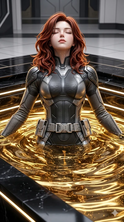 score_9, masterpiece, best quality, ultra-detailed, high-budget anime keyframe, semi-realistic 3D game render, Korean woman. Upper body close-up from the thighs up, character filling the screen for maximum presence. She is standing in a high-tech obs