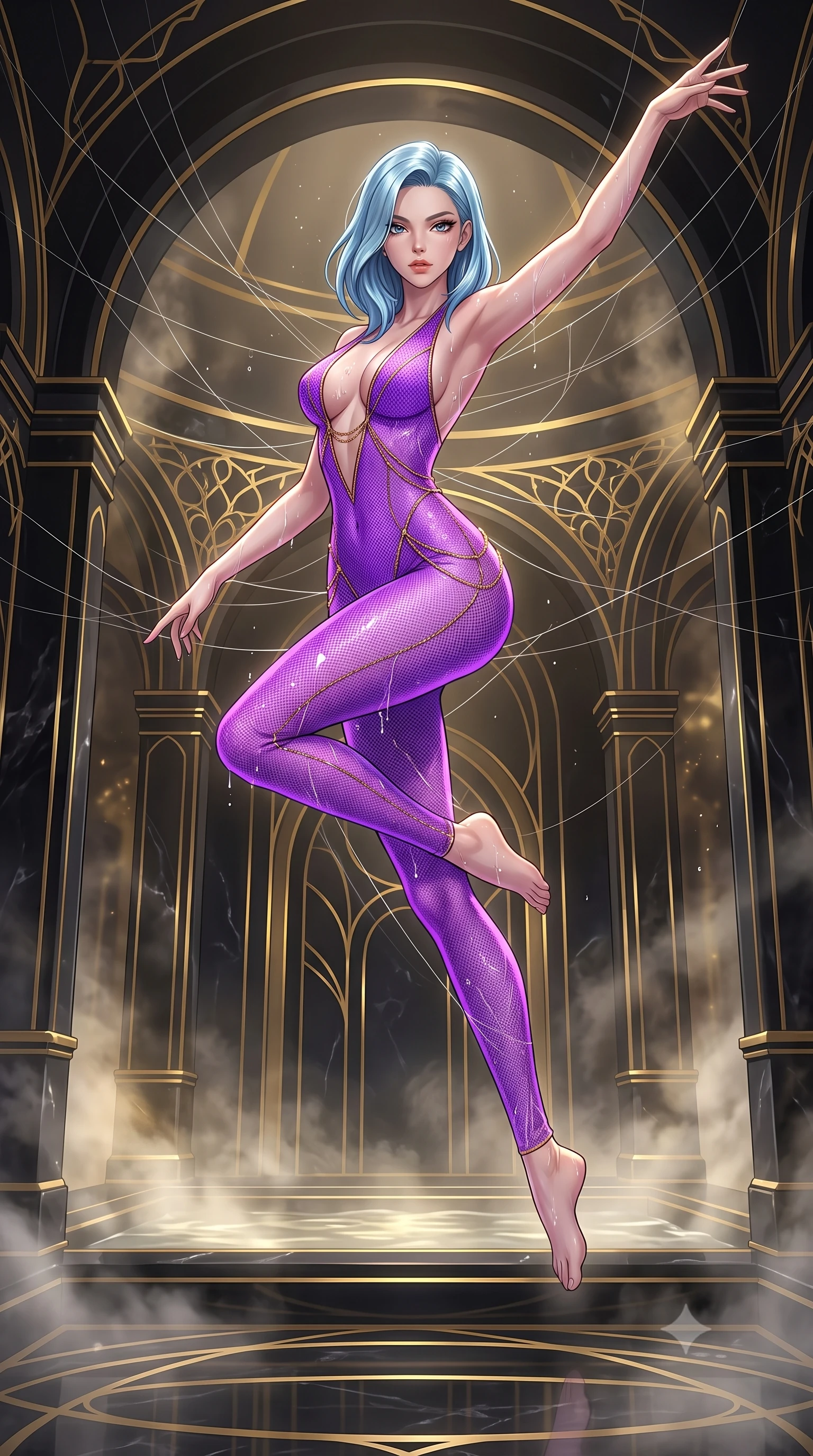 score_9, masterpiece, best quality, ultra-detailed, High-budget Anime Keyframe, East Asian woman. Dynamic full-body shot stretching the vertical silhouette to the limit. Scenario 510: suspended by invisible silk threads inside a steam-filled bathhouse built of black obsidian stone and gold accents. Her presence is magnetic and overpowering in this high-budget anime scene. Outfit 510: a body-hugging neon violet micro-mesh lace jumpsuit featuring an elegant plunging collar and fine gold chains. The clothing is designed to emphasize her exceptionally tall and slender 8-heads proportion. 8-heads proportion, towering silhouette, ultra-slim waist. sharp v-shaped jawline, intricate jewel-like eyes with depth, thick eyelashes, glossy lips. 2k, ultra detail, master piece, 9:16 ratio