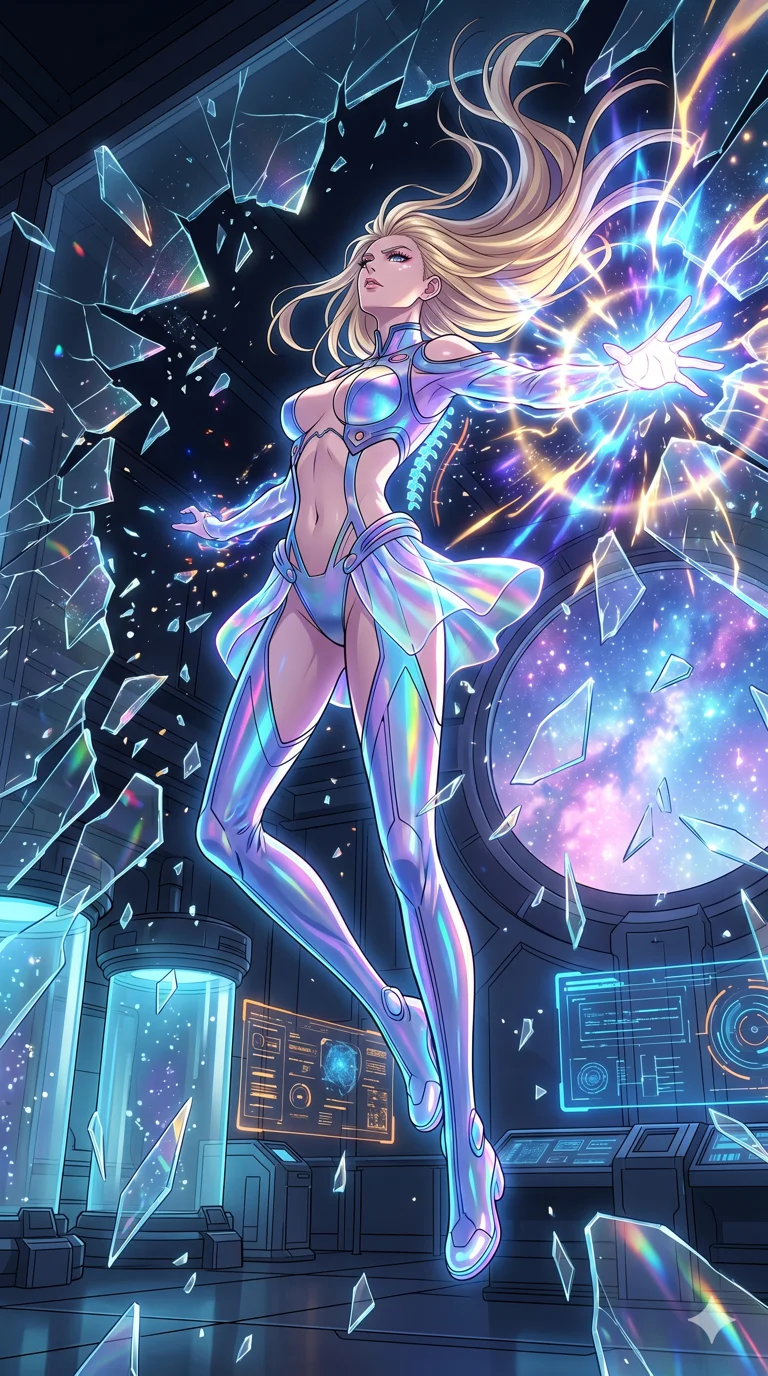 score_9, masterpiece, best quality, ultra-detailed, High-budget Anime Keyframe, vibrant colors, fluid line-art, expressive lighting, cinematic composition, Ufotable-style visual effects, top-tier animation quality, Caucasian woman with pale skin, blonde hair, and (strictly human ears). Dramatic low angle looking up at her majestic stature, dominating the vertical space of the composition. Shattering a massive wall of reinforced glass with her sheer powerful mental aura, shards of glass flying in slow motion around her. She has an absolutely perfect 8-heads proportion, an exceptionally tall and slender female figure with impossibly long slender legs and an ultra-slim waist, her statuesque height and towering silhouette dominating the vertical 9:16 frame. Her face is a masterpiece featuring a sharp v-shaped jawline, high-bridge nose, intricate jewel-like eyes with depth, thick eyelashes, and glossy lips with a natural sheen. She is wearing a Futuristic pilot suit with an exposed midriff and a high-cut structural frame crafted from Holographic chiffon that changes color with every movement, creating a rainbow effect, boasting shoulder cut-outs and a glowing spinal interface visible through the back. The scene is set in a high-tech research laboratory with glowing glass tanks and complex holographic interfaces, illuminated by flickering starlight and nebula glow providing a mystical and vast ambiance. 2k, ultra detail, master piece, 9:16 ratio