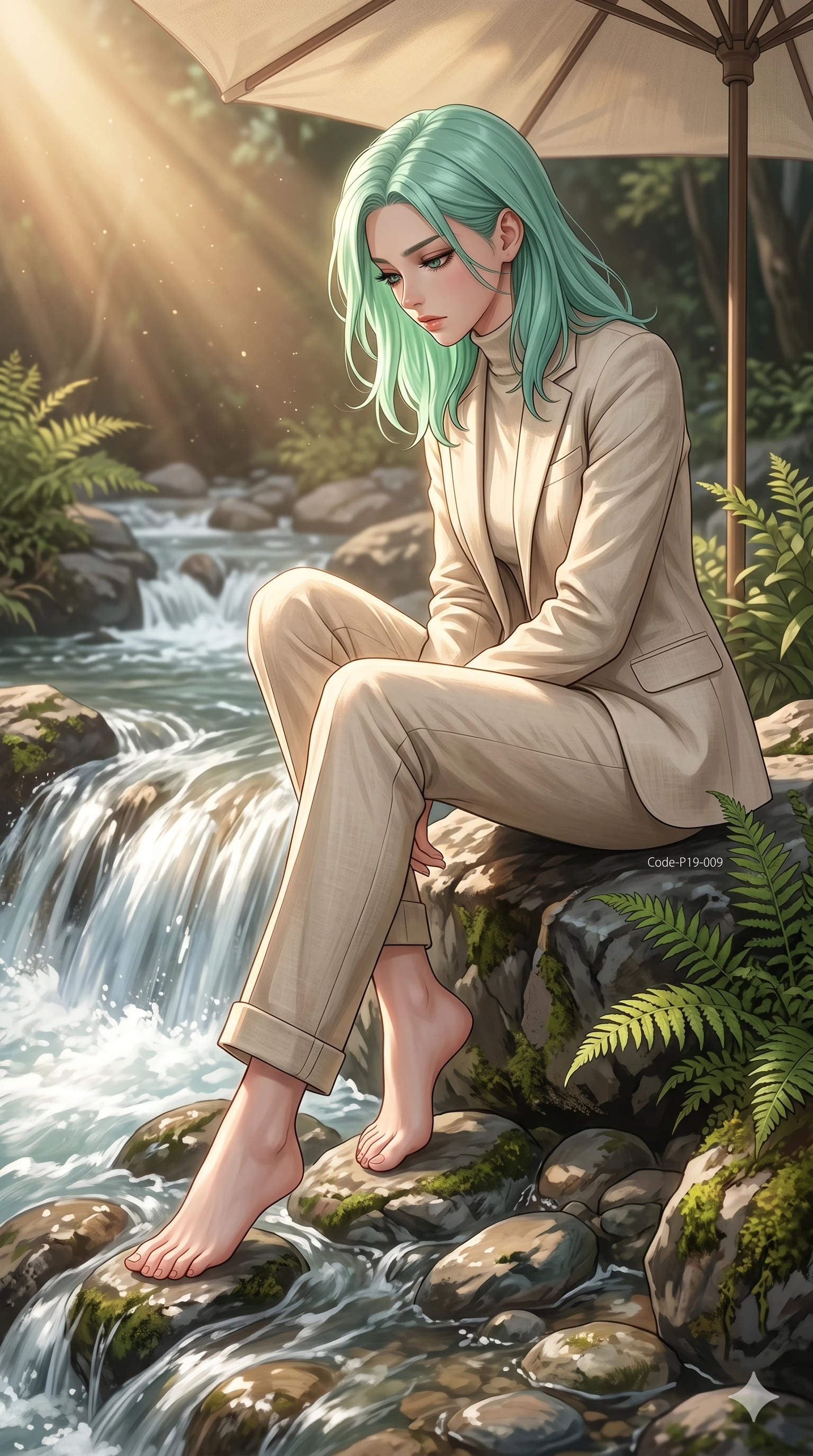 score_9, masterpiece, best quality, ultra-detailed, high-budget anime keyframe, editorial fashion photography, tasteful artistic composition, Japanese woman. low angle full-body shot from head to toe showing her feet, filling the entire 9:16 vertical frame with her statuesque presence, stretching her vertical silhouette. sitting by the rocky waterfall edge, looking down at the rushing water with lowered lashes in deep thought by a rushing river valley with smooth rocks and wild ferns under dappled sunlight (Code-P19-009). She has an absolutely perfect 8-heads proportion, an exceptionally tall and slender female figure with impossibly long slender legs and an ultra-slim waist. V-shaped jawline, high-bridge nose, intricate jewel-like eyes with depth, thick eyelashes, glossy lips with a natural sheen. wearing a tailored high-neck blazer in pale sand linen with matching straight-leg linen trousers. bathed in warm sunbeams streaming through the canvas umbrella, creating a soft, warm glow. 2k, ultra detail, master piece, 9:16 ratio