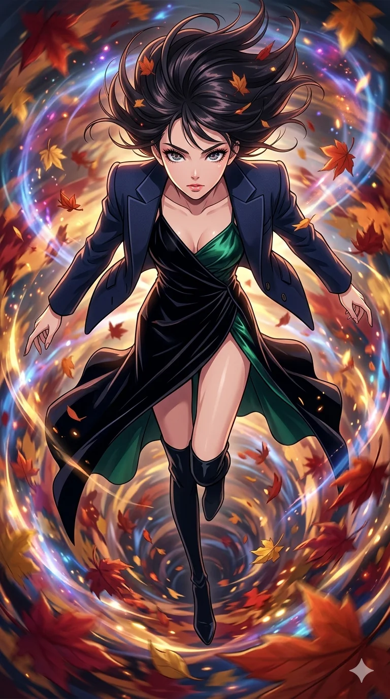 score_9, masterpiece, best quality, ultra-detailed, high-budget anime movie keyframe, cinematic anime lighting, intricate line art, Japanese anime girl. Extreme high angle shot as she leaps towards the camera, filling the frame. diving into a vortex of swirling autumn leaves and magical energy. She has an absolutely perfect 8-heads proportion, an exceptionally tall and slender female figure with an ultra-slim waist and impossibly long slender legs. strictly human anatomy, two legs only, no extra limbs, clearly defined legs and arms, perfect anatomy, perfect hands and fingers. sharp v-shaped jawline, high-bridge nose, intricate jewel-like eyes, thick eyelashes, glossy lips. Wearing High-Fashion Editorial: Silk slip dress with high side slit, backless velvet gown, and structured blazer with nothing underneath. The scene is illuminated by dramatic atmospheric lighting and vibrant color palettes. , 2k, ultra detail, master piece, 9:16 ratio