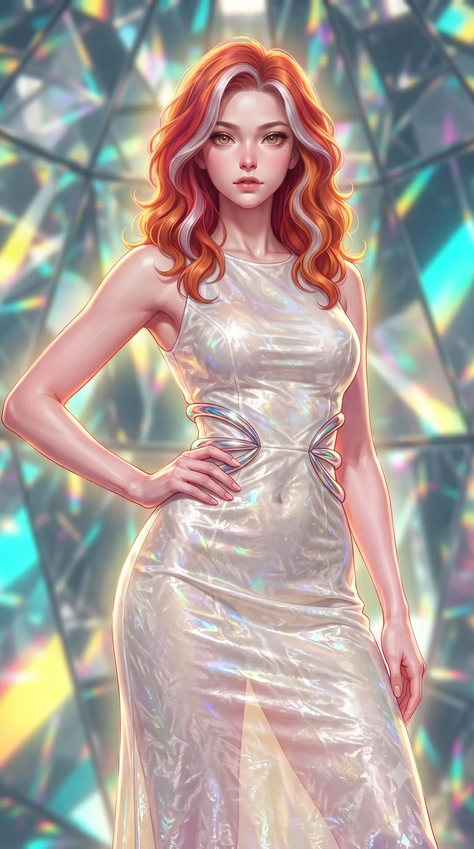 score_9, masterpiece, best quality, ultra-detailed, high-budget anime keyframe, editorial fashion photography, tasteful artistic composition, Caucasian woman. close-up cowboy shot from the waist and thighs up, the character dominates the composition, filling the frame with her large presence, background elements kept in soft focus. Holding a confident power pose with one hand on her hip, standing inside a crystal kaleidoscope chamber lined with rotating prism mirrors, prismatic light trails shifting from lemon yellow to turquoise and magenta. She has an exceptionally elegant, slender, and willowy female figure with an ultra-slim waist, a gracefully sculpted slender torso, and a refined silhouette. sharp v-shaped jawline, high-bridge nose, intricate jewel-like eyes with depth, thick eyelashes, glossy lips with a natural sheen. wearing second-skin iridescent hologram organza bodycon maxi dress in glowing ivory, made of crushed white silk velvet, accented with sculpted opal chrome rings at the waist, accentuating her gracefully sculpted slender torso. surrounded by a radiant kaleidoscope rim light aura. highly saturated vibrant anime colors, detailed shading with soft gradients, rich glossy textures, high-contrast stereoscopic depth, volumetric dynamic lighting, master piece, 9:16 ratio