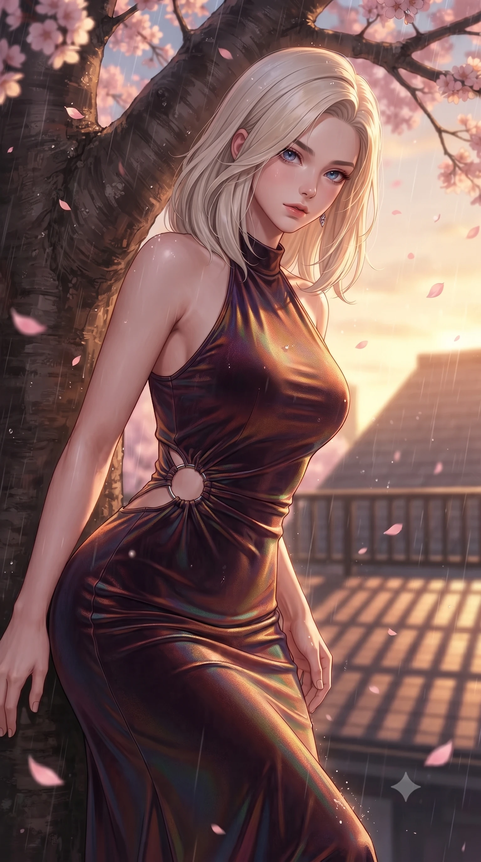 score_9, masterpiece, best quality, ultra-detailed, high-budget anime keyframe, editorial fashion photography, tasteful artistic composition, Caucasian woman. close-up cowboy shot from the waist and thighs up, the character dominates the composition, filling the frame with her large presence, background elements kept in soft focus. Leaning slightly forward with a composed, seductive gaze under soft glowing light resting against a courtyard cherry blossom tree as pink petals rain softly around her, golden hour sunbeams casting dramatic fence grid shadows on the roof deck. She has an exceptionally elegant, slender, and willowy female figure with an ultra-slim waist, a gracefully sculpted slender torso, and a refined silhouette. sharp v-shaped jawline, high-bridge nose, intricate jewel-like eyes with depth, thick eyelashes, glossy lips with a natural sheen. wearing a velvet halter-neck midi dress following her form like a glove in deep burgundy and bronze, crafted from iridescent chiffon that shifts colors in the light, accented with delicate chrome ring hardware framing her waist, the elegant draped fit framing her graceful clavicle and slender torso. bathed in brilliant golden hour sunset rays and warm amber ambient light. ultra-reflective glossy finish, specular highlights, metallic sheen, high-contrast stereoscopic depth, volumetric dynamic lighting, 2k, ultra detail, master piece, 9:16 ratio