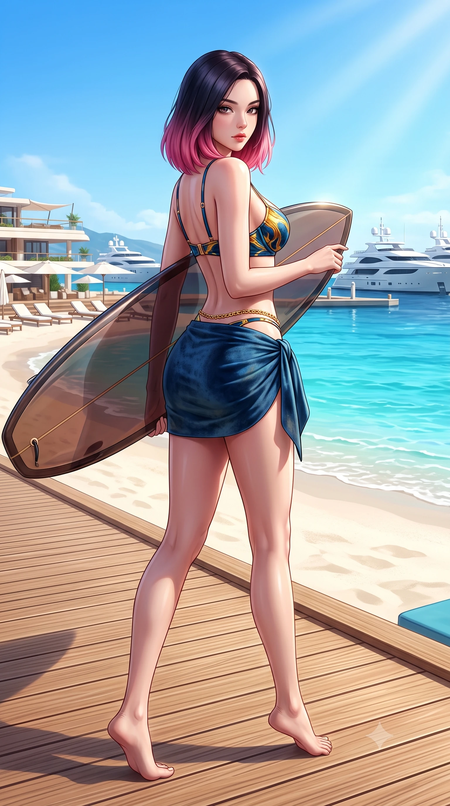 score_9, masterpiece, best quality, ultra-detailed, high-budget anime keyframe, semi-realistic 3D game render, editorial fashion photography, tasteful artistic composition, Korean woman. low angle full-body shot from head to toe showing her feet, filling the entire 9:16 vertical frame with her statuesque presence, stretching her vertical silhouette. walking along the terrace with poise, looking back over her bare shoulder with an irresistible smoldering bedroom-gaze while standing at the edge of the teak boardwalk with hips cocked back, looking over a bare shoulder toward moored superyachts. The surrounding environment is rendered in vivid detail and crisp panoramic clarity: detailed wet-look neoprene zip swimsuit cling, gold waist chain shine, and luxury beach club styling in razor-sharp precision. She has an absolutely perfect, statuesque 8.5-heads proportion, an exceptionally tall and slender model-like female figure with impossibly long slender legs, an ultra-slim waist, a flat toned midriff, narrow delicate ribcage, and beautifully sculpted feminine hips creating a graceful, slim hourglass silhouette without any bulky heaviness. sharp v-shaped jawline, high-bridge nose, sparkling eyes with hypnotic seductive depth, thick curled eyelashes, glossy parted lips with a natural dewy peach sheen, alluring bedroom-eyes with an enchanting coquettish smile, exuding magnetic siren charisma and sophisticated glamour, flawlessly proportioned anatomical accuracy, strict slender model proportions, natural body alignment, perfectly sculpted long slender limbs, ultra-slim waistline, clean dynamic posture without body distortion. wearing a structured underwire bikini bustier top paired with an ultra-short draped sarong wrap mini skirt in molten liquid gold and deep ocean sapphire, tailored from ultra-soft distressed suede with velvety hand-feel and rich shadow depth, accented with a custom high-gloss tinted surfboard held lightly with one hand, the liquid-tight tailored fabric clinging flawlessly to her narrow waist and rounded feminine hips, emphasizing every millimeter of her sculpted slim hourglass curves without any bulky heaviness. bathed in brilliant Mediterranean afternoon sunlight bouncing up from white sands and turquoise water. highly saturated vibrant anime colors, detailed shading with soft gradients, rich glossy textures, high-contrast stereoscopic depth, volumetric dynamic lighting, master piece, 9:16 ratio