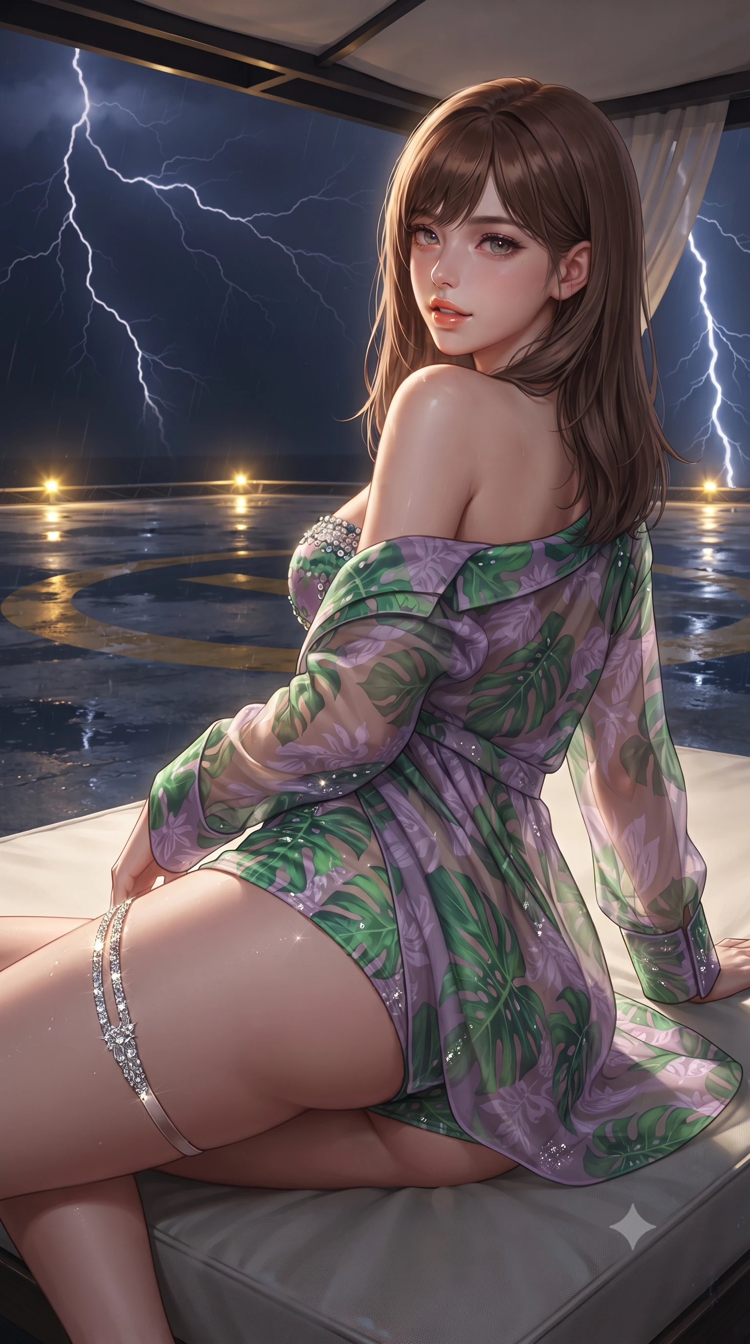 score_9, masterpiece, best quality, ultra-detailed, high-budget anime keyframe, editorial fashion photography, tasteful artistic composition, Korean woman. close-up cowboy shot from the waist and thighs up, the character dominates the composition, filling the frame with her large presence. posing in an alluring rear three-quarter angle, looking over a bare shoulder with parted glossy lips, her hips cocked back to highlight her slim hourglass curve while lounging on a weather-resistant daybed under the rooftop canopy propped on one elbow, casting a dangerous, seductive half-smile. The surrounding environment is rendered in vivid detail and crisp panoramic clarity: sharp concrete helipad painted gold markings, glistening rainwater puddle reflections, and lightning bolt branches in deep focus. She has an exceptionally elegant, slender, and willowy female figure with an ultra-slim waist, flat toned midriff, narrow ribcage, and sculpted feminine hips creating an alluring, slim hourglass silhouette without bulk. sharp v-shaped jawline, high-bridge nose, sparkling eyes with hypnotic seductive depth, thick curled eyelashes, glossy parted lips with a natural dewy peach sheen, alluring bedroom-eyes with an enchanting coquettish smile, exuding magnetic siren charisma and sophisticated glamour, flawlessly proportioned anatomical accuracy, strict slender model proportions, natural body alignment, perfectly sculpted long slender limbs, ultra-slim waistline, clean dynamic posture without body distortion. wearing a tailored open-front smoking jacket worn over a jewel-embellished bandeau top and micro-shorts in vibrant jungle monstera green and dewy orchid lavender, made of sheer gossamer chiffon that drapes softly against skin with airy translucence, finished with delicate crystal-encrusted thigh garter straps glinting under the lights, the high-slit wrap tailoring accentuating her ultra-slim waistline and the enchanting curve of her feminine hips with alluring seductive charm. bathed in golden helipad perimeter beacon lights combined with sudden lightning flash strobes. ultra-reflective glossy finish, specular highlights, rich textural contrasts, high-contrast stereoscopic depth, volumetric dynamic lighting, 2k, ultra detail, master piece, 9:16 ratio