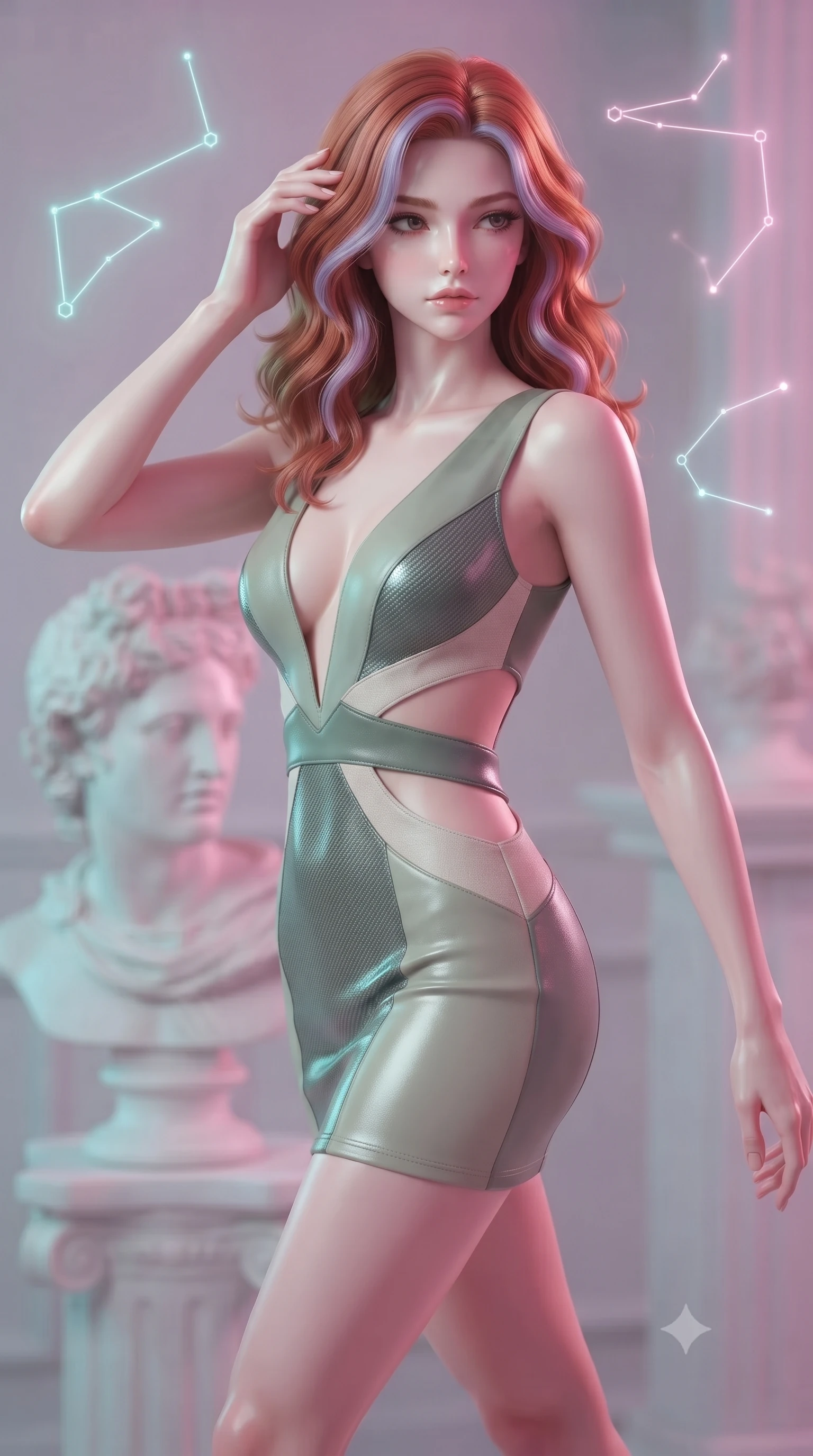 score_9, masterpiece, best quality, ultra-detailed, high-budget anime keyframe, editorial fashion photography, tasteful artistic composition, Caucasian woman. close-up cowboy shot from the waist and thighs up, the character dominates the composition, filling the frame with her large presence, background elements kept in soft focus. Resting her fingers gracefully near her temple, casting a sharp mysterious side-gaze during her stride while lounging dynamically on a chrome platform beside a classical marble bust statue in neon light, glowing neon constellation lines floating in the air with vintage elegancy. She has an exceptionally elegant, slender, and willowy female figure with an ultra-slim waist, a gracefully sculpted slender torso, and a refined silhouette. sharp v-shaped jawline, high-bridge nose, intricate jewel-like eyes with depth, thick eyelashes, glossy lips with a natural sheen, flawlessly proportioned anatomical accuracy, natural body alignment, perfectly sculpted elegant limbs, clean dynamic posture without body distortion. wearing a liquid mercury gloss mini dress with ultra-deep V-neck and waist cutouts in sage green and oatmeal, made of fine carbon-fiber weave and soft matte leather, featuring clean architectural cutouts along her slender torso, the elegant draped fit framing her graceful clavicle and slender torso. bathed in soft pastel pink and turquoise neon glow with glossy chrome reflections. ultra-reflective glossy finish, specular highlights, metallic sheen, high-contrast stereoscopic depth, volumetric dynamic lighting, 2k, ultra detail, master piece, 9:16 ratio