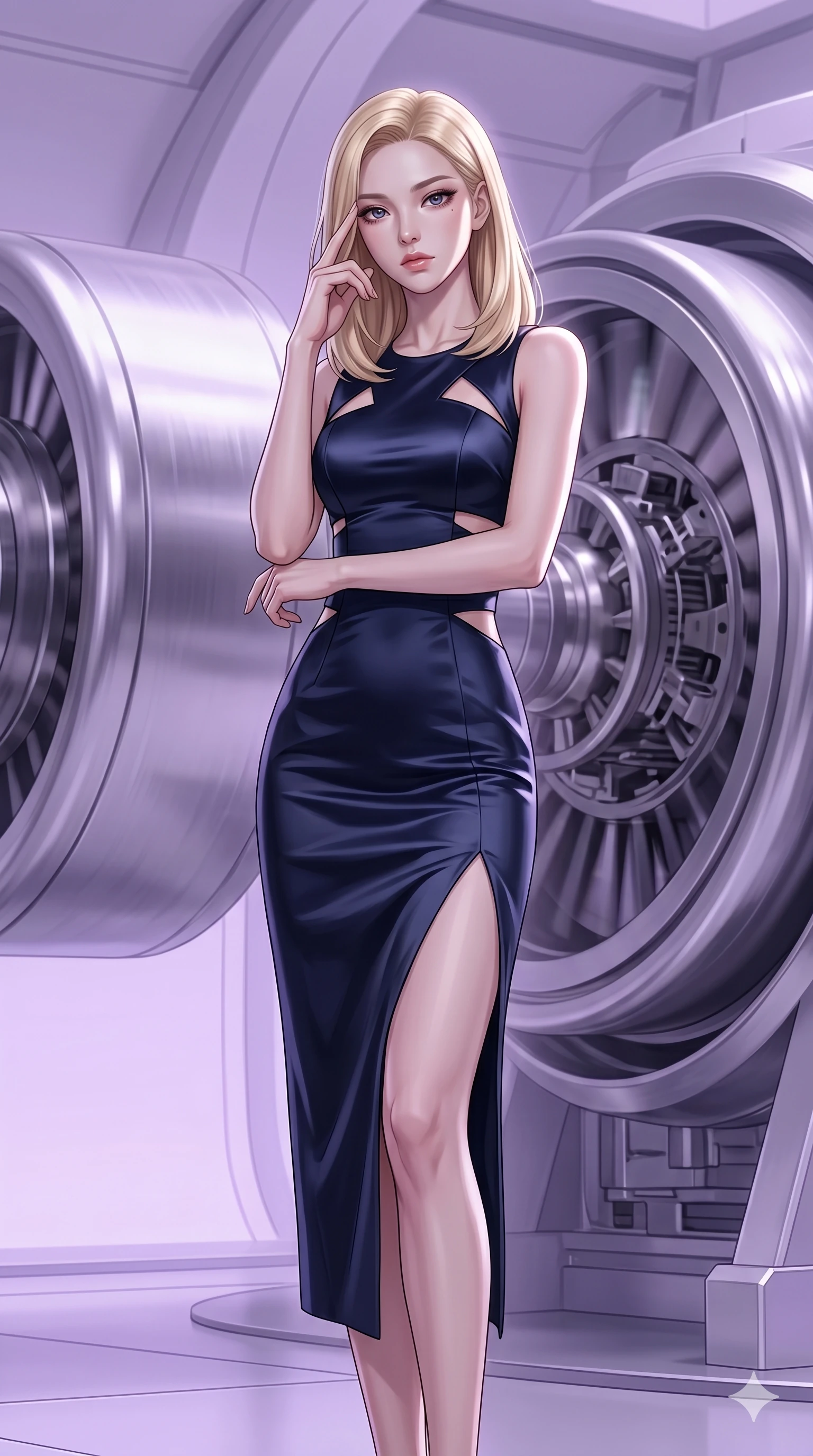 score_9, masterpiece, best quality, ultra-detailed, high-budget anime keyframe, editorial fashion photography, tasteful artistic composition, Korean woman. cowboy shot from the thighs up, character and outfit filling the frame for maximum editorial presence. Pressing two fingers to her temple in a composed, thoughtful gesture, her head tilted slightly inside a futuristic turbine hall with giant metal cylinders spinning silently. She has an absolutely perfect 8-heads proportion, an exceptionally tall and slender female figure with impossibly long slender legs and an ultra-slim waist. V-shaped jawline, high-bridge nose, intricate jewel-like eyes with depth, thick eyelashes, glossy lips with a natural sheen. wearing a structured column dress in dark navy satin with geometric cutouts and a side slit to mid-thigh. illuminated by a soft lavender ambient glow paired with a sharp white side key light on her face. 2k, ultra detail, master piece, 9:16 ratio