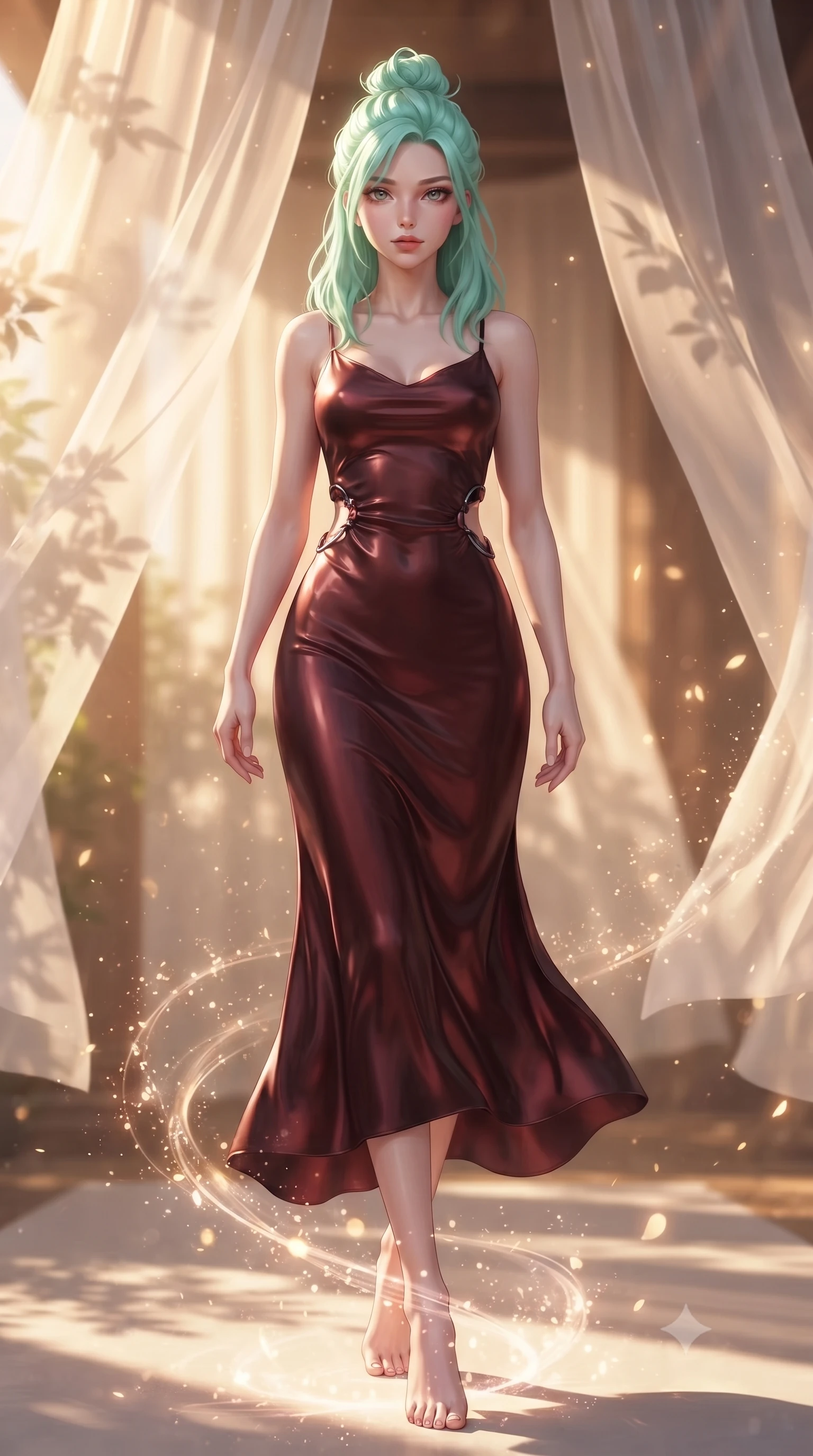 score_9, masterpiece, best quality, ultra-detailed, high-budget anime keyframe, editorial fashion photography, tasteful artistic composition, Japanese woman. low angle full-body shot from head to toe showing her feet, filling the entire 9:16 vertical frame with her statuesque presence, stretching her vertical silhouette. interacting with glowing light particles, her long slender legs poised in motion, stepping gracefully under a sheer silk canopy fluttering in a gentle breeze, golden sun rays highlighting her high-bridge nose and jewel-like eyes. She has an absolutely perfect, statuesque 8.5-heads proportion, an exceptionally tall and slender model-like female figure with impossibly long slender legs and an ultra-slim waist. sharp v-shaped jawline, high-bridge nose, intricate jewel-like eyes with depth, thick eyelashes, glossy lips with a natural sheen. wearing form-contouring dark crimson liquid silk long slip dress in dark mahogany, made of soft crimson satin, trimmed with dark chrome ring hardware along the waist contours, the fitted fabric emphasizing her ultra-slim waist. lit by golden-hour sunlight casting graceful organic leaf shadows. ultra-reflective glossy finish, specular highlights, metallic sheen, high-contrast stereoscopic depth, volumetric dynamic lighting, 2k, ultra detail, master piece, 9:16 ratio