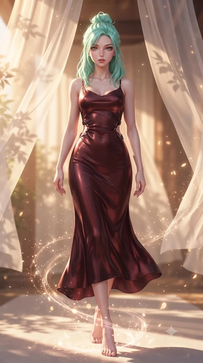 score_9, masterpiece, best quality, ultra-detailed, high-budget anime keyframe, editorial fashion photography, tasteful artistic composition, Japanese woman. low angle full-body shot from head to toe showing her feet, filling the entire 9:16 vertical