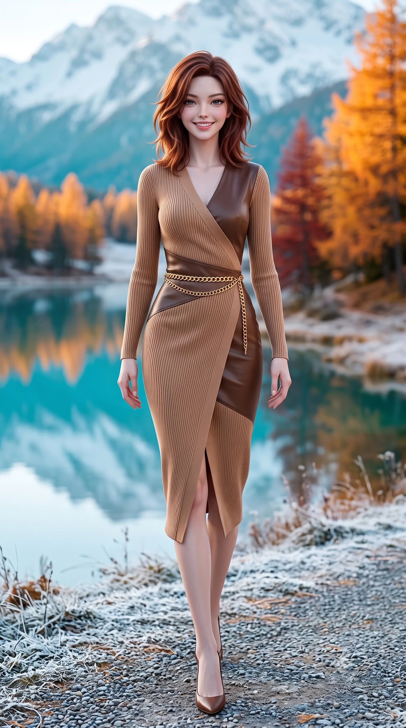 score_9, masterpiece, best quality, ultra-detailed, high-budget anime keyframe, semi-realistic 3D game render, editorial fashion photography, tasteful artistic composition, Korean woman. low angle full-body shot from head to toe showing her feet, filling the entire 9:16 vertical frame with her statuesque presence, stretching her vertical silhouette. sitting gracefully on the plush bench with legs crossed and angled toward the camera, highlighting her long slender limbs and hourglass waist while stepping forward with brisk, graceful strides on the frosted path, her long wool coat creating an impeccably slender vertical line. The background shows a soft-focus mirror-like turquoise lake reflecting snow peaks, blazing golden needle larch trees, and early morning shoreline frost blurred into turquoise, marigold, and frost white bokeh. She has an exceptionally tall and slender model-like 8.5-heads proportion, an ultra-slim waist, a flat toned midriff, narrow delicate ribcage, and beautifully sculpted feminine hips creating a graceful, slim hourglass silhouette without any bulky heaviness, with impossibly long slender legs. sharp v-shaped jawline, high-bridge nose, intricate jewel-like sparkling eyes with depth, thick eyelashes, glossy parted lips with a natural peach sheen, bright cheerful beaming smile with an enchanting and coquettish sensual glint, exuding both youthful cute charm and seductive allure, flawlessly proportioned anatomical accuracy, strict slender model proportions, natural body alignment, perfectly sculpted long slender limbs, ultra-slim waistline, clean dynamic posture without body distortion. wearing a body-hugging asymmetrical-wrap ribbed knit midi dress with fluid stretch fabric tracing her curvaceous hips in Saint-Germain camel wool and warm espresso, crafted from buttery-soft stretch lambskin leather adhering to her body like a second skin, finished with a sleek gold chain belt resting snugly across her narrow waist and curving hips, the liquid-tight tailored fabric clinging flawlessly to her narrow waist and rounded feminine hips, emphasizing every millimeter of her sculpted slim hourglass curves without any bulky heaviness. illuminated by frosted ground bounce and sharp crystalline rim lights defining her features, narrow waist, and statuesque height. highly saturated vibrant anime colors, detailed shading with soft gradients, rich glossy textures, high-contrast stereoscopic depth, volumetric dynamic lighting, master piece, 9:16 ratio