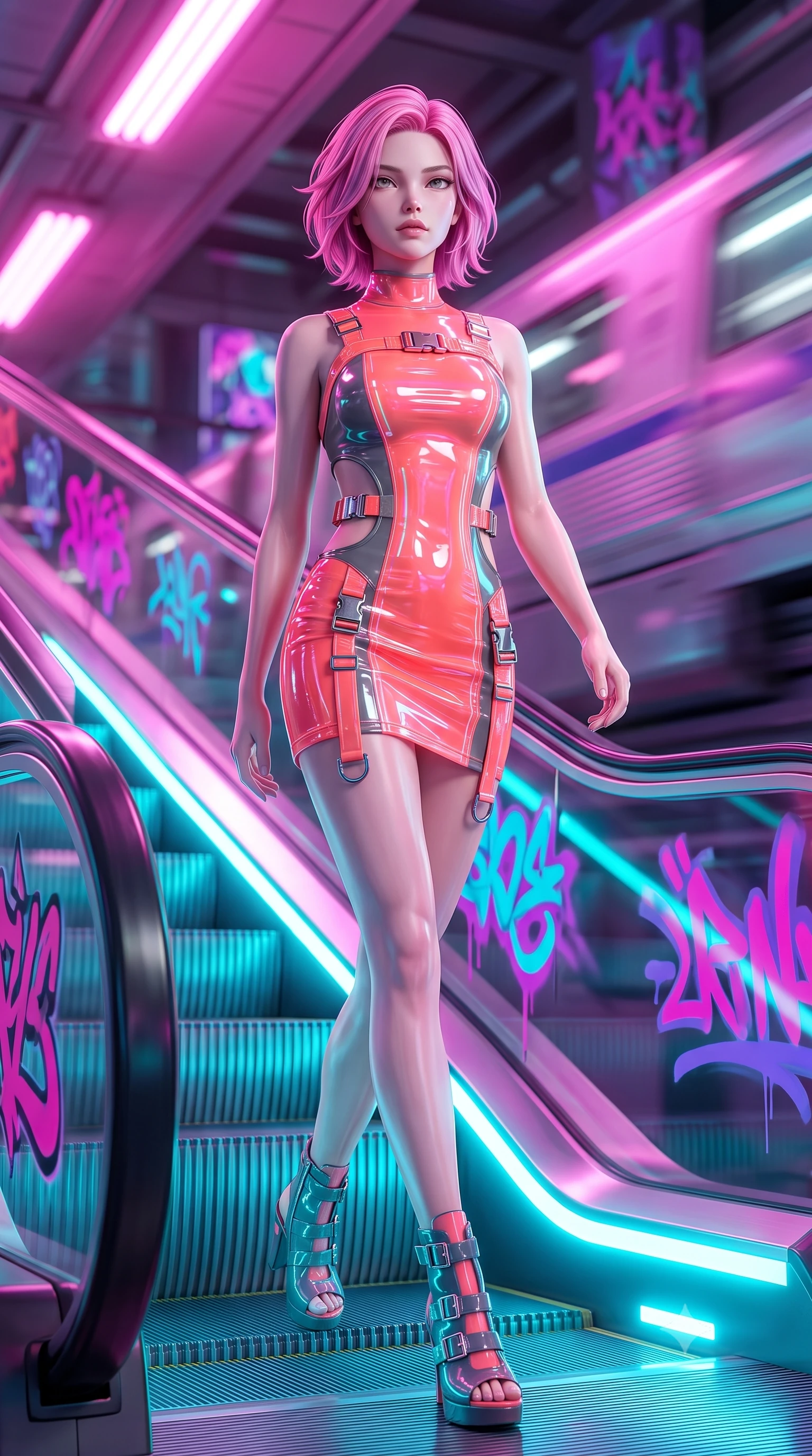 score_9, masterpiece, best quality, ultra-detailed, high-budget anime keyframe, semi-realistic 3D game render, editorial fashion photography, tasteful artistic composition, Caucasian woman. low angle full-body shot from head to toe showing her feet, filling the entire 9:16 vertical frame with her statuesque presence, stretching her vertical silhouette. striding forward in a proud, dynamic supermodel runway stride, her statuesque vertical silhouette commanding the entire frame while striding down the neon-drenched escalator with confident Y2K swagger and athletic model poise. The composition keeps background elements in soft focus with creamy bokeh. speeding maglev train motion blur and glowing neon graffiti tags blurred into vivid magenta, cyan, and violet bokeh. She has an absolutely perfect, statuesque 8.5-heads proportion, an exceptionally tall and slender model-like female figure with impossibly long slender legs, a toned flat midriff, and an ultra-slim waist. sharp v-shaped jawline, high-bridge nose, intricate jewel-like eyes with depth, thick eyelashes, glossy lips with a natural sheen, captivating and magnetic expression, flawlessly proportioned anatomical accuracy, strict slender model proportions, natural body alignment, perfectly sculpted long slender limbs, ultra-slim waistline, clean dynamic posture without body distortion. wearing a high-gloss vinyl mini dress accented with industrial buckle straps and side-waist cutouts in blazing neon coral and graphite grey, made of semi-translucent cybernetic vinyl with glowing micro-filaments, detailed with heavy-duty chrome quick-release buckles and D-ring straps, the sleek tailored cut tightly hugging her graceful clavicle, narrow waist, and feminine curves with statuesque precision. bathed in high-contrast dual lighting of neon pink floodlights and electric cyan underlights. highly saturated vibrant anime colors, detailed shading with soft gradients, rich glossy textures, high-contrast stereoscopic depth, volumetric dynamic lighting, master piece, 9:16 ratio