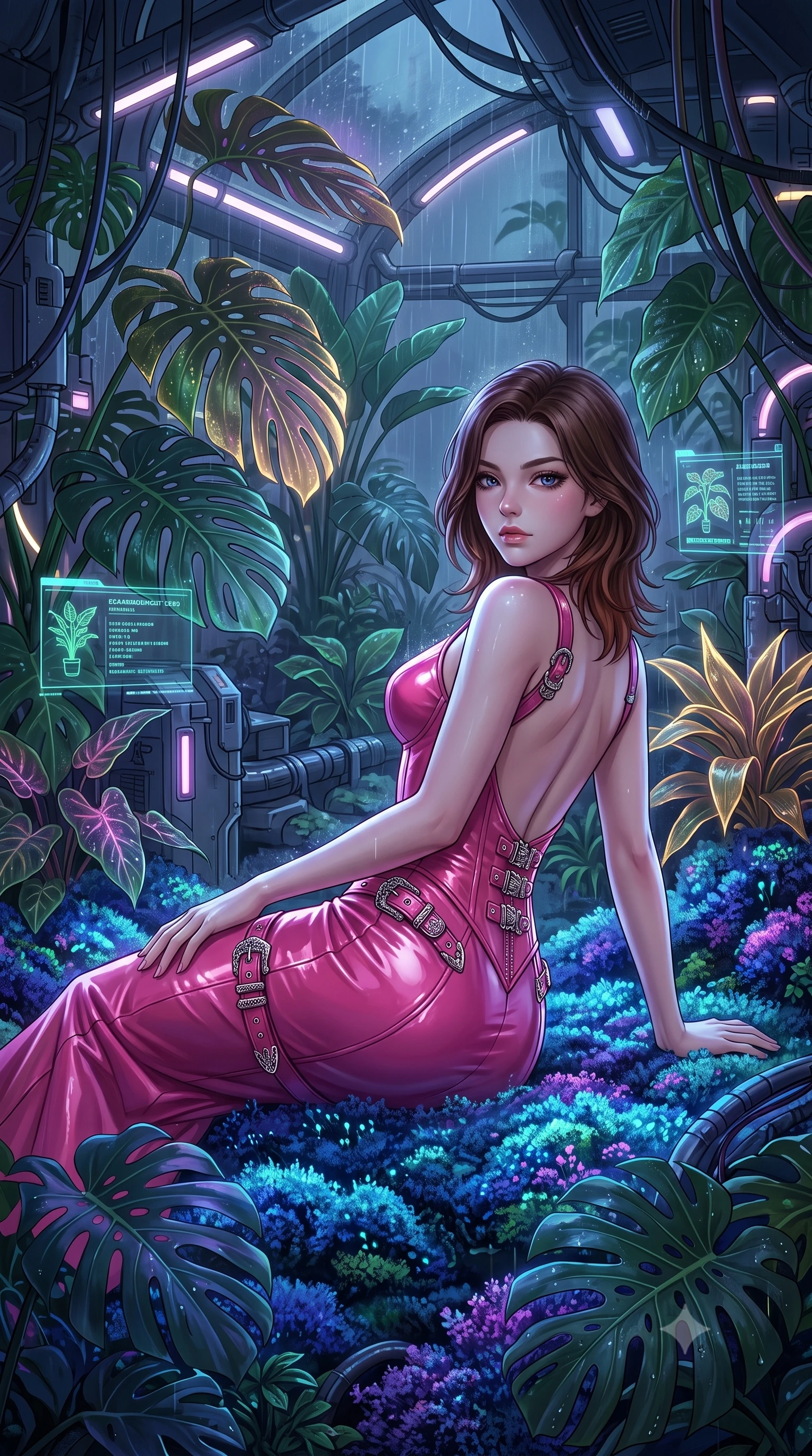 score_9, masterpiece, best quality, ultra-detailed, High-budget Anime Keyframe, East Asian woman. Low angle cowboy shot filling the entire 9:16 frame with her statuesque presence. Scenario 458: lying gracefully on a bed of bioluminescent moss inside a cybernetic greenhouse filled with giant glowing tropical leaves. Her presence is magnetic and overpowering in this high-budget anime scene. Outfit 458: a body-hugging hot pink patent leather corset dress with a dramatic backless design and metallic buckles. The clothing is designed to emphasize her exceptionally tall and slender 8-heads proportion. 8-heads proportion, towering silhouette, ultra-slim waist. sharp v-shaped jawline, intricate jewel-like eyes with depth, thick eyelashes, glossy lips. 2k, ultra detail, master piece, 9:16 ratio