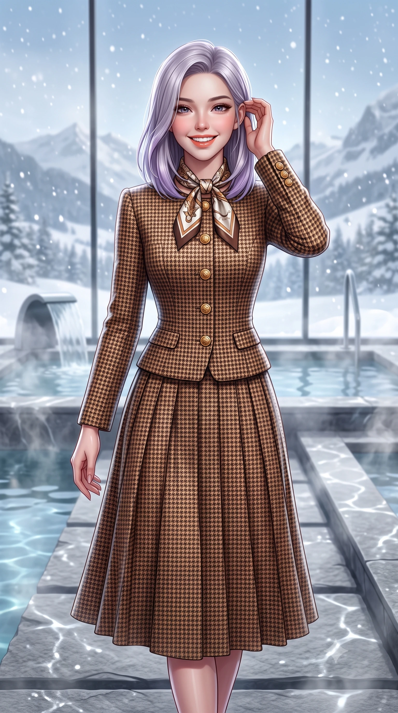 score_9, masterpiece, best quality, ultra-detailed, high-budget anime keyframe, semi-realistic 3D game render, editorial fashion photography, tasteful artistic composition, Caucasian woman. close-up cowboy shot from the waist and thighs up, the character dominates the composition, filling the frame with her large presence. gently brushing a lock of hair behind her ear with one hand while flashing a radiant, joyful smile while walking past steaming indoor hydrotherapy fountains toward the glass wall looking out at falling snow, turning with radiant poise. The background shows a soft-focus minimalist stone water features softened in peaceful Swiss alpine wellness sanctuary shallow focus. She has an exceptionally elegant, slender, and willowy female figure with an ultra-slim waist, flat toned midriff, narrow ribcage, and sculpted feminine hips creating an alluring, slim hourglass silhouette without bulk. sharp v-shaped jawline, high-bridge nose, intricate jewel-like sparkling eyes with depth, thick eyelashes, glossy parted lips with a natural peach sheen, bright cheerful beaming smile with an enchanting and coquettish sensual glint, exuding both youthful cute charm and seductive allure, flawlessly proportioned anatomical accuracy, strict slender model proportions, natural body alignment, perfectly sculpted long slender limbs, ultra-slim waistline, clean dynamic posture without body distortion. wearing a structured houndstooth tweed jacket with gold embossed buttons and a matching pleated A-line midi skirt in Saint-Germain camel wool and warm espresso, tailored from heavyweight double-faced wool with clean architectural edges, finished with a printed silk twilly scarf knotted gracefully around her neck, the bespoke architectural tailoring hugging her natural waistline with sartorial precision, creating a clean graceful hourglass silhouette with tall model elegance. illuminated by thermal pool surface caustics and soft pearlescent rim lights accentuating her sharp jawline and slender hourglass silhouette. highly saturated vibrant anime colors, detailed shading with soft gradients, rich glossy textures, high-contrast stereoscopic depth, volumetric dynamic lighting, master piece, 9:16 ratio