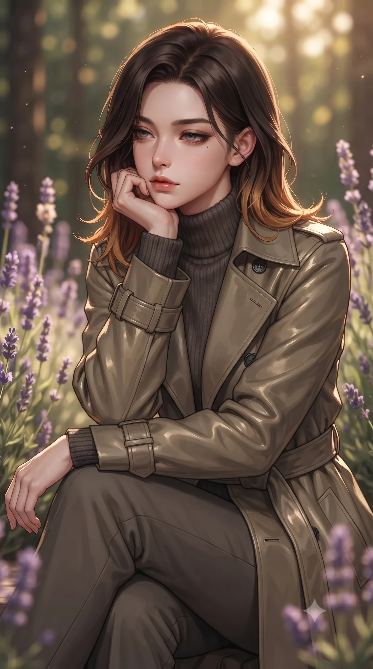 score_9, masterpiece, best quality, ultra-detailed, high-budget anime keyframe, editorial fashion photography, tasteful artistic composition, Korean woman. close-up cowboy shot from the waist and thighs up, the character dominates the composition, filling the frame with her large presence, background elements kept in soft focus. resting her chin on the backs of her fingers, casting a heavy-lidded, sultry look past the camera the background shows a soft-focus a private garden deck at a forest retreat, surrounded by wild lavender bushes. She has an exceptionally elegant, slender, and willowy female figure with an ultra-slim waist, a gracefully sculpted slender torso, and a refined silhouette. sharp v-shaped jawline, high-bridge nose, intricate jewel-like eyes with depth, thick eyelashes, glossy lips with a natural sheen. wearing a tailored tailored trench coat in khaki cotton, worn closed over a high-neck dark grey knit sweater and trousers. soft golden afternoon sunbeams, casting a peaceful country glow. ultra-reflective glossy finish, specular highlights, metallic sheen, high-contrast stereoscopic depth, volumetric dynamic lighting, 2k, ultra detail, master piece, 9:16 ratio
