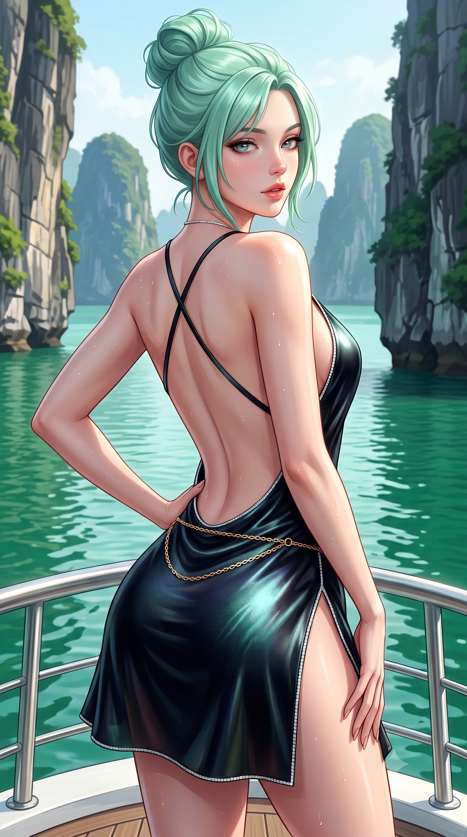 score_9, masterpiece, best quality, ultra-detailed, high-budget anime keyframe, semi-realistic 3D game render, editorial fashion photography, tasteful artistic composition, Japanese woman. close-up cowboy shot from the waist and thighs up, the character dominates the composition, filling the frame with her large presence. posing in an alluring rear three-quarter angle, arching her lower back in a pronounced S-curve with one hand on her hip, glancing seductively over her bare shoulder with parted glossy lips while standing poised on the forward observation deck with one hand on her hip, her silk dress fluttering in the morning sea breeze as towering limestone pillars surround her. The surrounding environment is rendered in vivid detail and crisp panoramic clarity. detailed linen resort wear weave, sea mist beads on skin, and Halong Bay landscape clarity in high resolution. She has an exceptionally elegant, slender, and willowy female figure with an ultra-slim waist, flat toned midriff, narrow ribcage, and sculpted feminine hips creating an alluring, slim hourglass silhouette without bulk. sharp v-shaped jawline, high-bridge nose, intricate jewel-like eyes with depth, thick eyelashes, glossy parted lips with a natural sheen, intensely captivating and seductive bedroom-eyes expression, flawlessly proportioned anatomical accuracy, strict slender model proportions, natural body alignment, perfectly sculpted long slender limbs, ultra-slim waistline, clean dynamic posture without body distortion. wearing a backless cowl-neck satin slip dress featuring high-cut side hip slits and delicate criss-cross back straps in pitch-black velvet with diamond crystal trim, crafted from luxurious metallic lamé that shifts radiance with every step, accented with a delicate gold chain belt resting loosely on her curvy hips, the dramatically scooped open back descending to the base of her spine, accentuating her razor-sharp statuesque lines and slim hourglass silhouette. illuminated by radiant jade water reflections accentuating her sculpted midriff, narrow waist, and curvy hips. highly saturated vibrant anime colors, detailed shading with soft gradients, rich glossy textures, high-contrast stereoscopic depth, volumetric dynamic lighting, master piece, 9:16 ratio