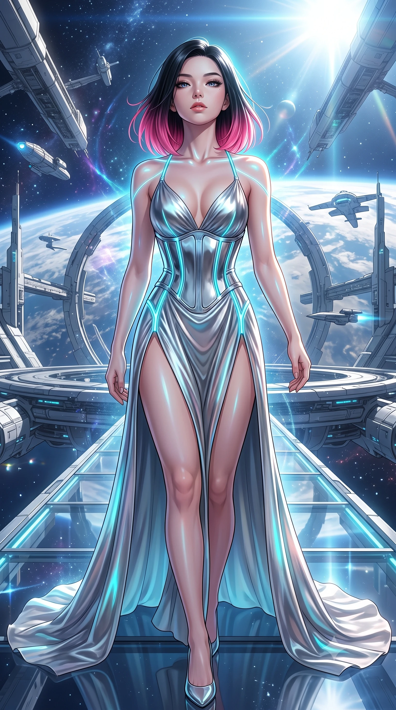 score_9, masterpiece, best quality, ultra-detailed, high-budget anime keyframe, editorial fashion photography, tasteful artistic composition, Korean woman. close-up cowboy shot from the waist and thighs up, the character dominates the composition, filling the frame with her large presence. tilting her head back with serene regal elegance, her sharp jawline and sculpted collarbones highlighted by glowing neon halo reflections while stepping along a floating glass catwalk extending into open space under brilliant orbital sunlight. The surrounding environment is rendered in vivid detail and crisp panoramic clarity. dramatic orbital chiaroscuro and grand space-age engineering rendered in panoramic precision. She has an exceptionally elegant, slender, and willowy female figure with an ultra-slim waist, a gracefully sculpted slender torso, toned flat midriff, and a refined slim silhouette. sharp v-shaped jawline, high-bridge nose, intricate jewel-like eyes with depth, thick eyelashes, glossy lips with a natural sheen, flawlessly proportioned anatomical accuracy, strict slender model proportions, natural body alignment, perfectly sculpted long slender limbs, ultra-slim waistline, clean dynamic posture without body distortion. wearing a backless molten silver liquid-metal gown with a high-cut side slit and precision-fitted waist boning in polished mirror chrome and glowing electric cyan neon, made of smooth flowing silk chiffon that shifts colors with movement, accented with glowing fiber-optic seams tracing her collarbones and hip curves, the sleek second-skin cut tightly hugging her graceful clavicle, narrow waist, and feminine curves with athletic precision. surrounded by an awe-inspiring, supreme, and radiantly divine cosmic sovereign aura. ultra-reflective glossy finish, specular highlights, dark metallic sheen, high-contrast stereoscopic depth, volumetric dynamic lighting, 2k, ultra detail, master piece, 9:16 ratio