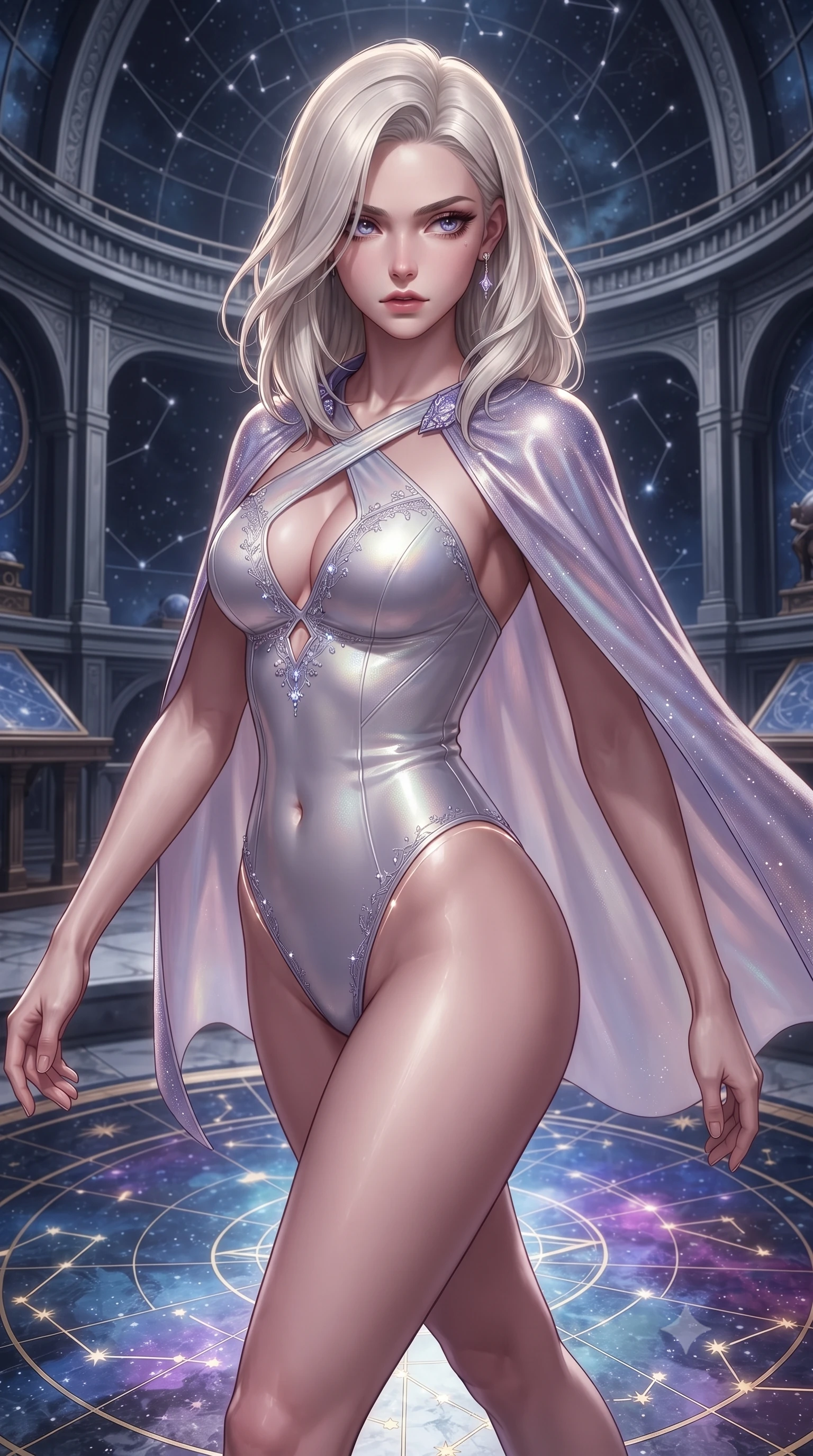 score_9, masterpiece, best quality, ultra-detailed, high-budget anime keyframe, editorial fashion photography, tasteful artistic composition, Caucasian woman. close-up cowboy shot from the waist and thighs up, the character dominates the composition, filling the frame with her large presence. twisting her slender torso in a deep contrapposto stance, hips dramatically shifted to accentuate her feminine curves while looking past her shoulder with smoldering bedroom-eyes while striding across the illuminated marble star-chart floor, hips swaying with sovereign cosmic empress charisma. The surrounding environment is rendered in vivid detail and crisp panoramic clarity. monumental high-contrast cosmic chiaroscuro and sacred astronomical sanctuary architecture in precision. She has an exceptionally elegant, slender, and willowy female figure with an ultra-slim waist, a gracefully sculpted slender torso, toned flat midriff, and rounded feminine hips creating an alluring hourglass silhouette. sharp v-shaped jawline, high-bridge nose, intricate jewel-like eyes with depth, thick eyelashes, glossy parted lips with a natural sheen, intensely captivating and seductive bedroom-eyes expression, flawlessly proportioned anatomical accuracy, strict slender model proportions, natural body alignment, perfectly sculpted long slender limbs, ultra-slim waistline, clean dynamic posture without body distortion. wearing a modern cosmos monokini with crossed chest straps and high-hip cut, layered under a stardust cape in pearlescent opal with soft violet luster, crafted from second-skin supple lambskin leather with specular sheen, featuring delicate starlight crystal embroidery along the neckline and hem, the second-skin form-contouring cut accentuating her sculpted flat midriff, narrow waistline, and dramatically curvy hips without adding bulk. illuminated by starlight edge lights carving her slender waist, bare collarbones, and feminine hip line. ultra-reflective glossy finish, specular highlights, rich textural contrasts, high-contrast stereoscopic depth, volumetric dynamic lighting, 2k, ultra detail, master piece, 9:16 ratio